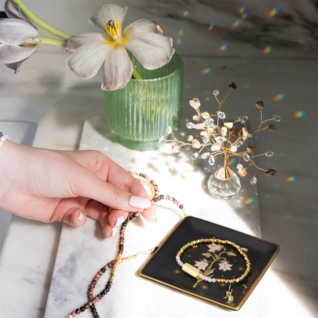 Elegant Black Flower Dish & Gold Earring Set - Perfect for Home Decor, Gift Giving & Jewelry Display