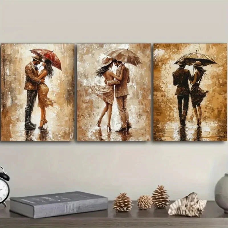 3pcs Romantic Couple Walking in the Rain Metal Wall Art - Ready to Hang Home Decor for Living Room, Bedroom & Office