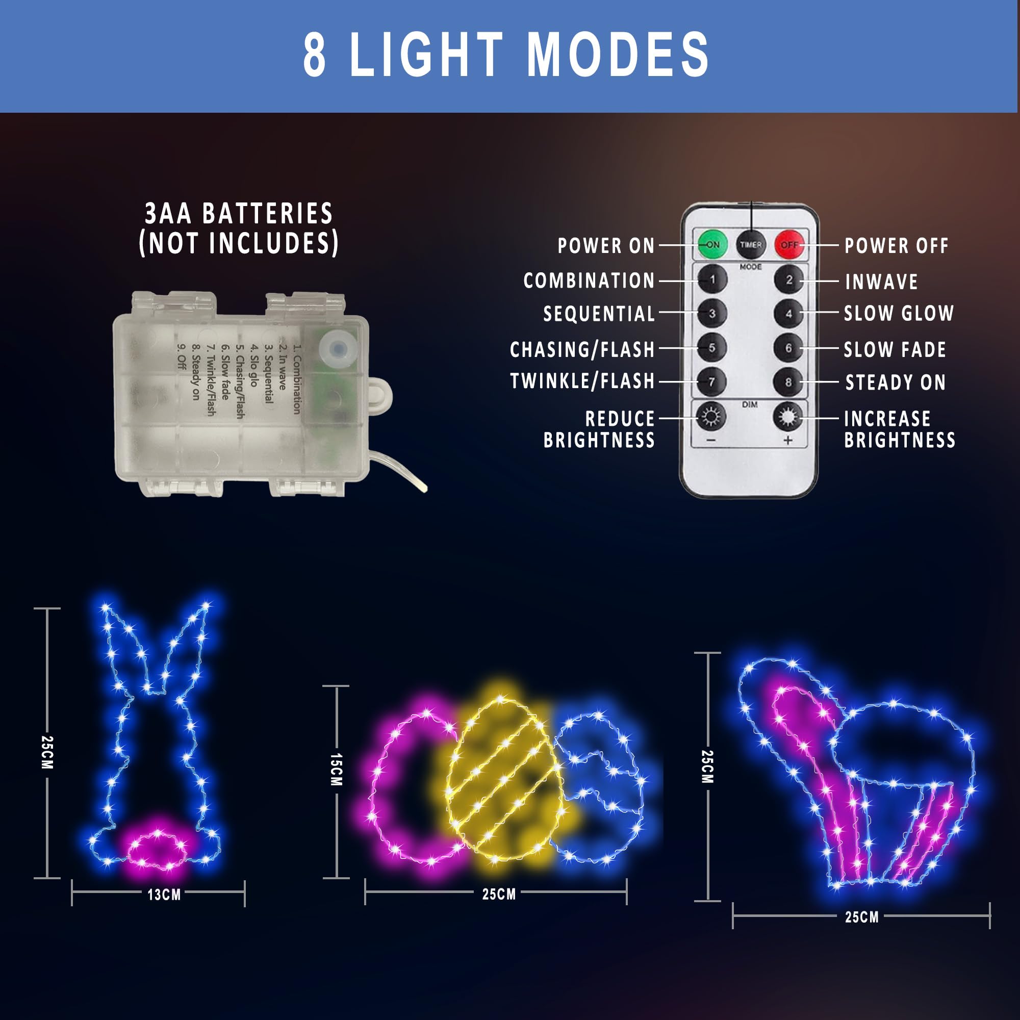 Easter Decorations Lights 3 Pack - Waterproof Indoor/Outdoor Easter Bunny Egg Window Lights with Timer & Remote Control, 8 Lighting Modes (Blue/Pink) - Perfect for Home, Garden, Party and Holiday Decorations