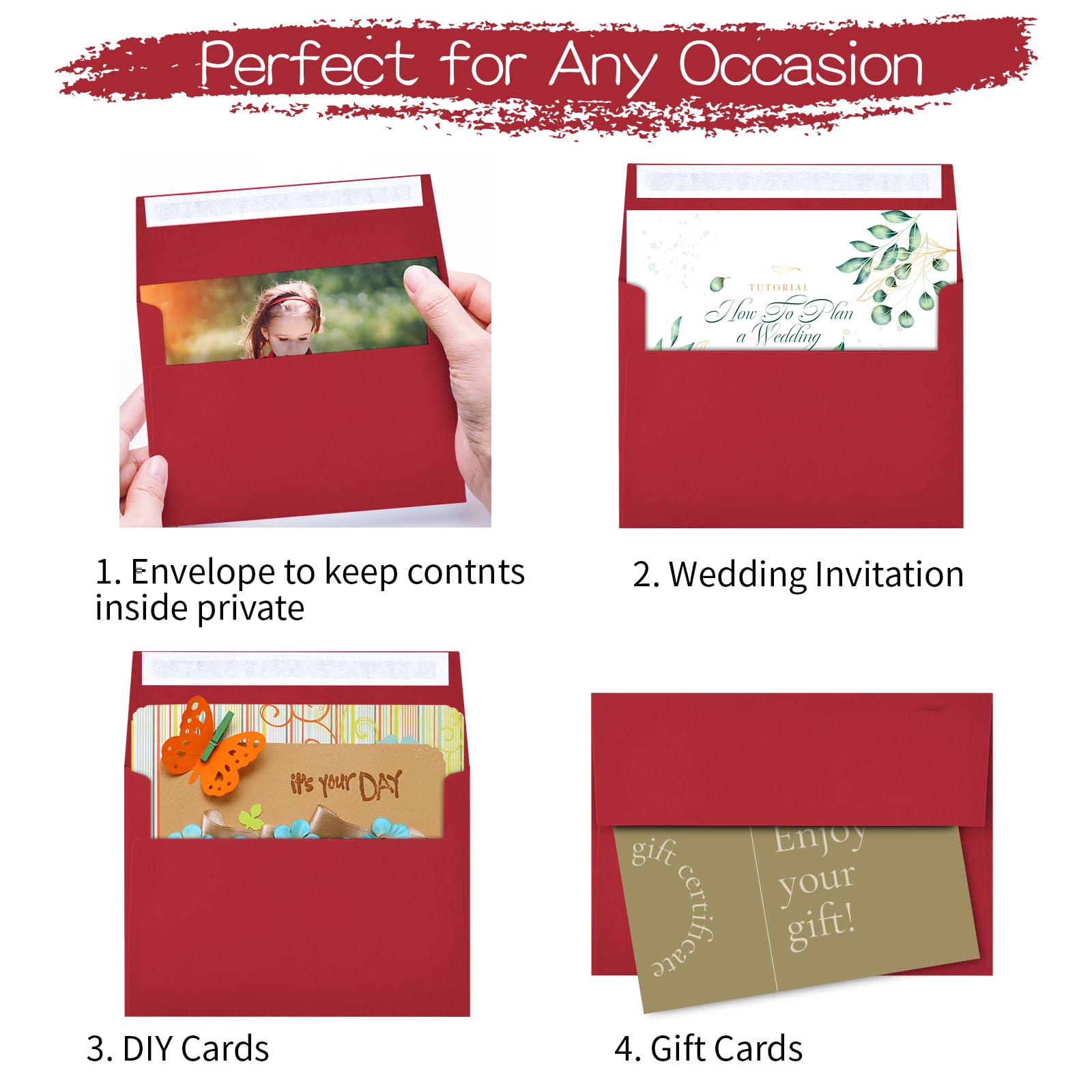 50 Pack 5x7 Envelopes (A7 Size) - Red Self Seal Invitation Envelopes for Wedding, Baby Shower, Greeting Cards - Printable, Bulk Mailing Envelopes for Home & Office Use