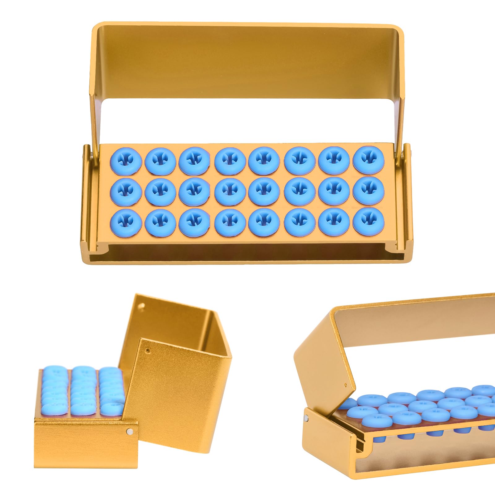 24 Holes Dental Burs Holder Sterilization Box - Aluminum Autoclave Case (3-Piece Set, Yellow) for Dental Clinics & Orthodontic Offices