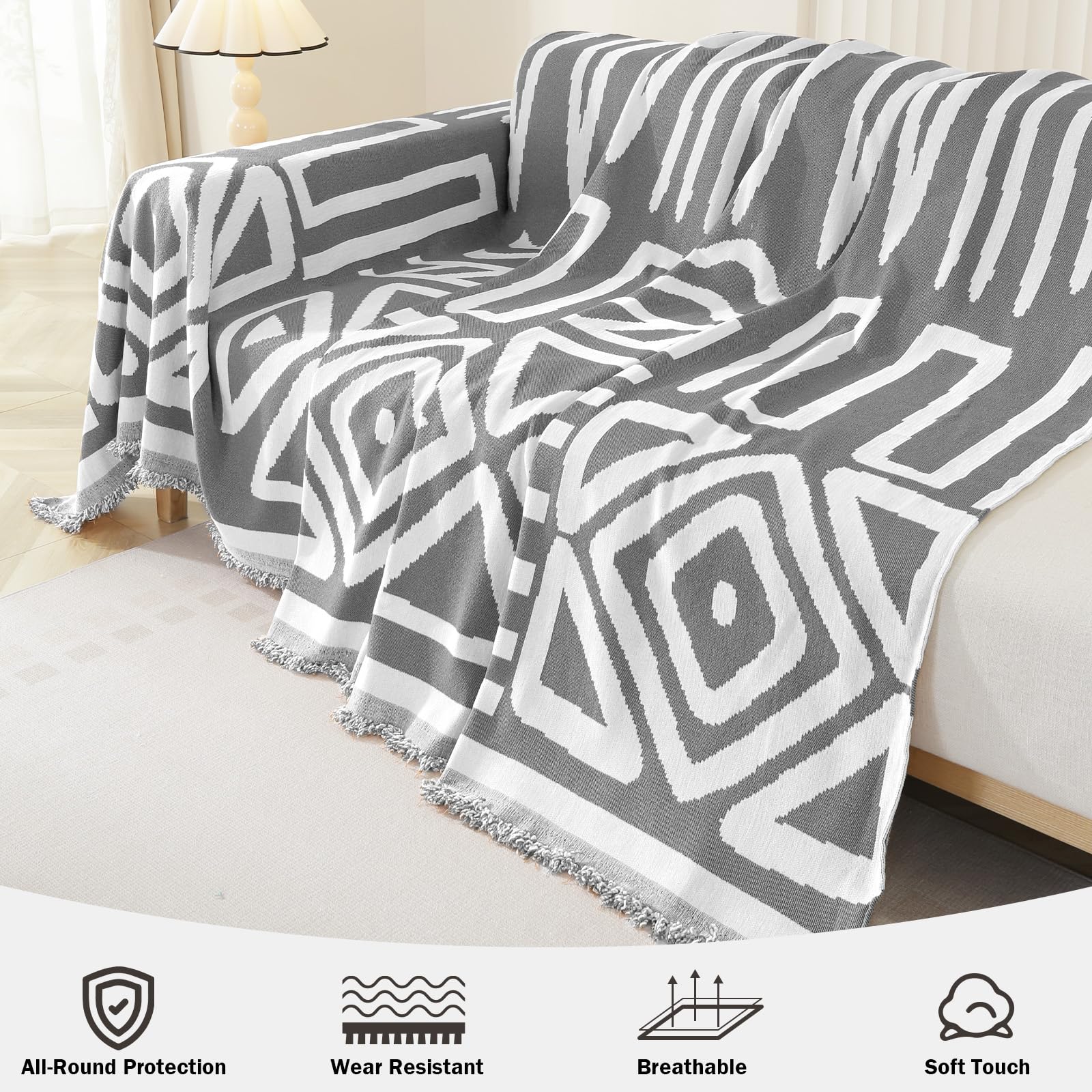 OstepDecor Boho Sectional Couch Covers 2-Piece Set - L-Shaped Sofa Slipcover, Washable Chenille Couch Cover for Pets, Sofa Protector Blanket Fits 2-3 Cushion Couches (71