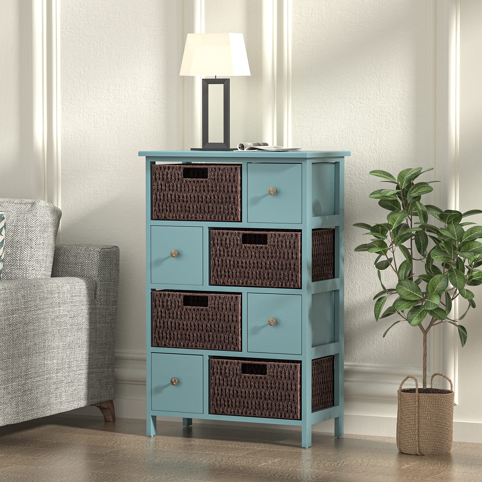 Rustic Light Blue Accent Storage Cabinet with 4 Drawers & 4 Baskets - Farmhouse Sideboard for Kitchen, Dining Room, Entryway & Bedroom Organization - Perfect for Home Decor & Storage Solutions