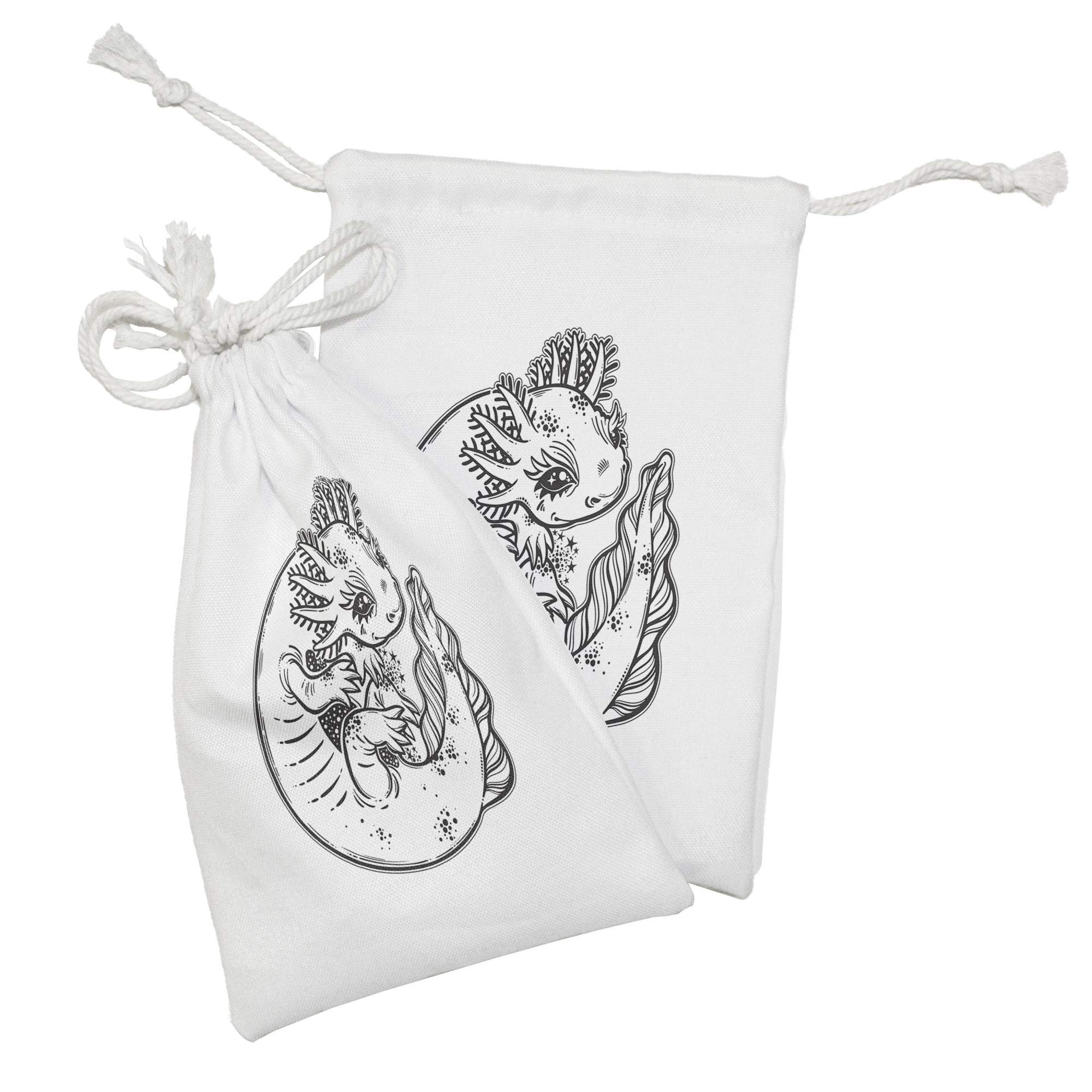 Ambesonne 2-Pack Salamander Fabric Pouches - Axolotl Monochrome Print Drawstring Bags (9
