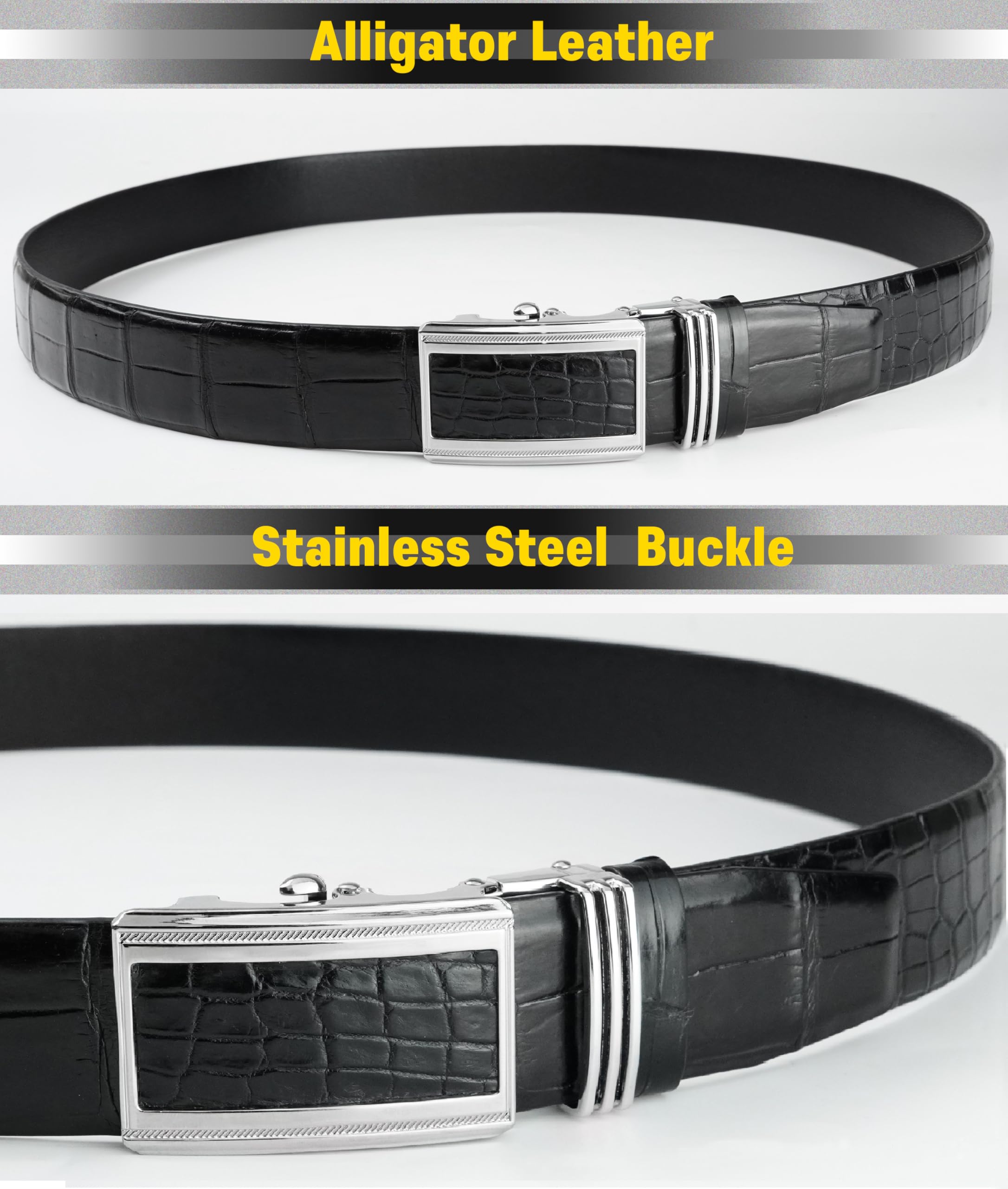 Premium Alligator Leather Belt for Men - Genuine Crocodile Skin with Automatic Ratchet Buckle - Luxury Handmade Dress Belt for Business, Golf & Formal Occasions