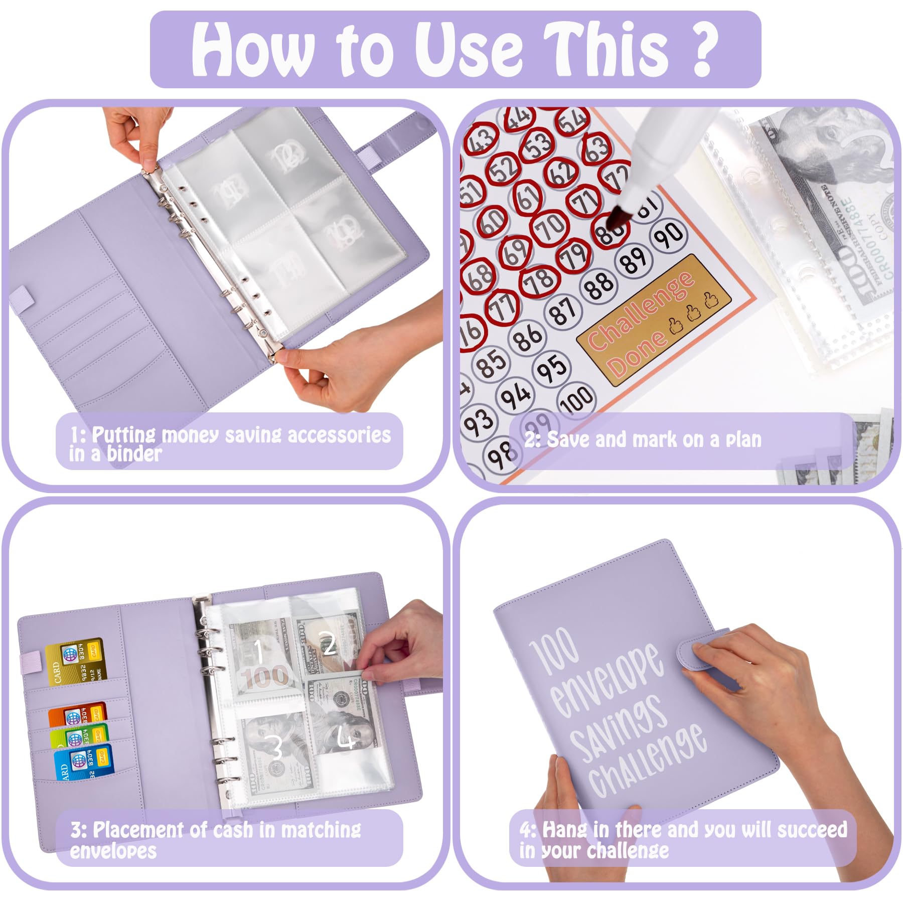 Ndsox 100 Envelopes Money Saving Challenge Binder - A5 Budget Binder with Cash Envelopes for $5,050, $10,000 & $500 Savings Goals | Purple Budget Planner & Expense Tracker | Perfect for Personal Finance, Cash Stuffing, and Debt Payoff Challenges