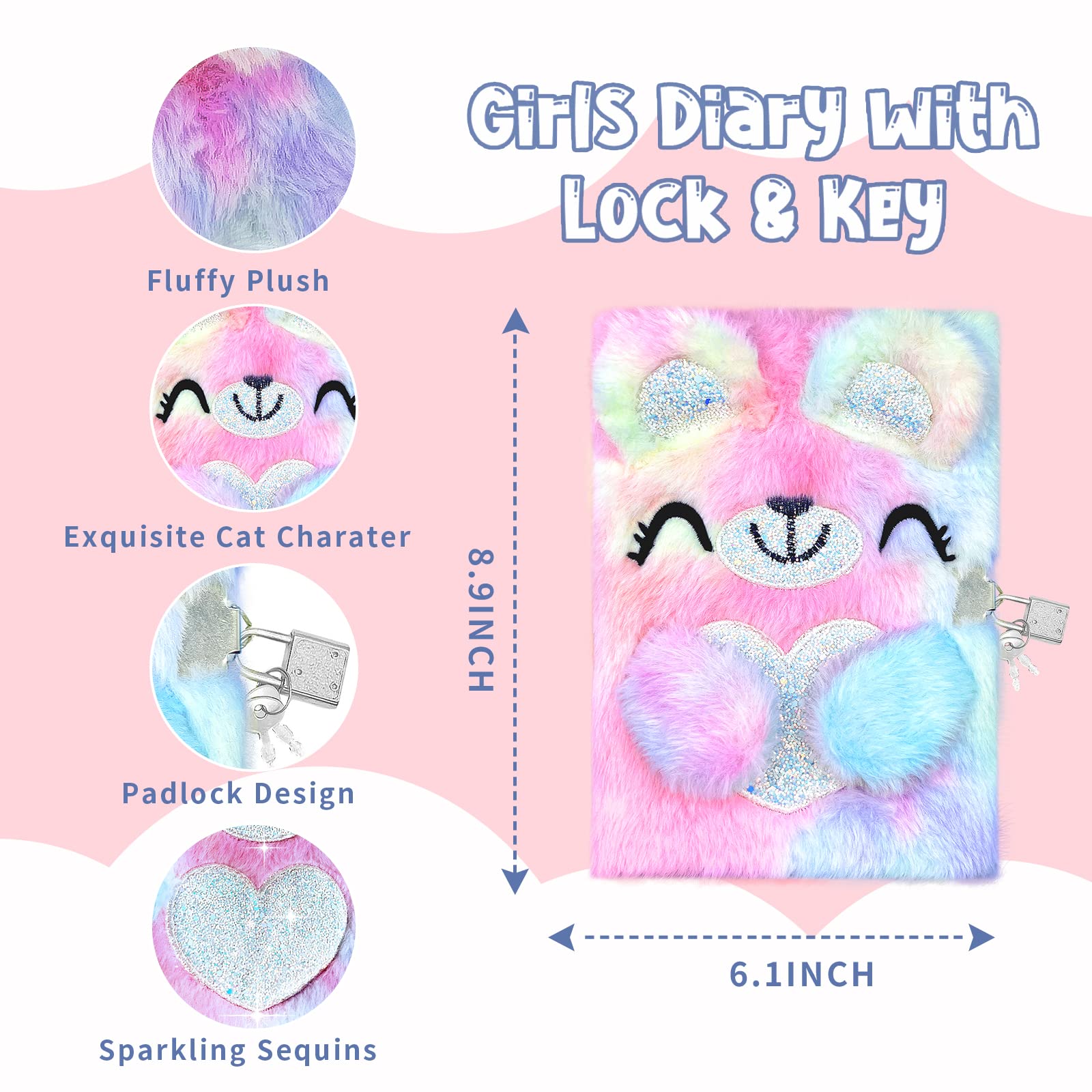 Homicozy Bear Lockable Diary for Girls - Kids Journal with Keys, School Travel Notebook Set for Writing & Drawing, Plush Secret Diary with Multicolor Pens, Stickers & Keychain - Perfect for School, Travel, Birthday Gifts & Secret Keeping
