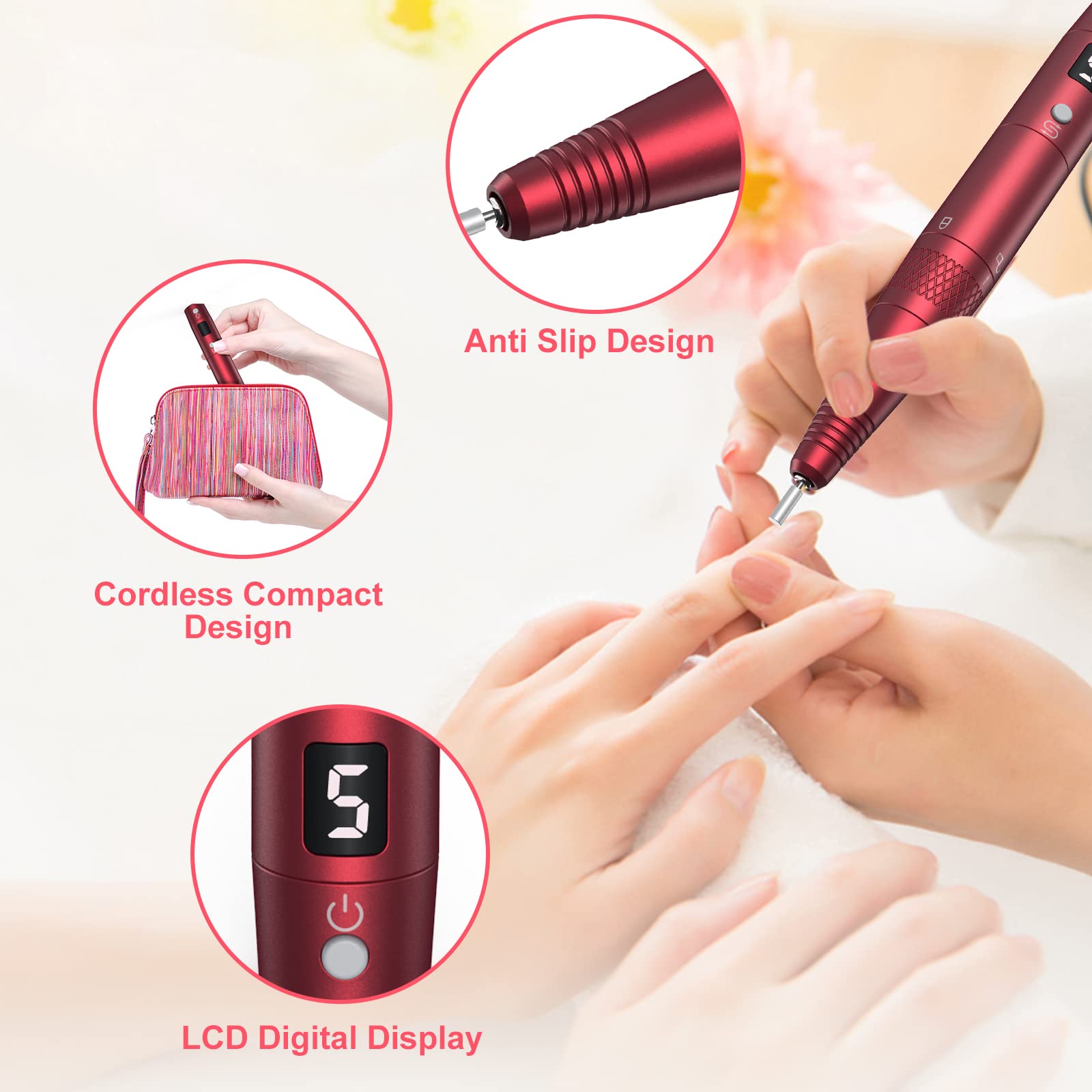 PELCAS Cordless Electric Nail Drill Kit with LCD Display - 5 Adjustable Speeds up to 20000RPM Professional Nail File Machine for Acrylic & Gel Nails - Perfect for Salon, Home Manicure & Pedicure Care