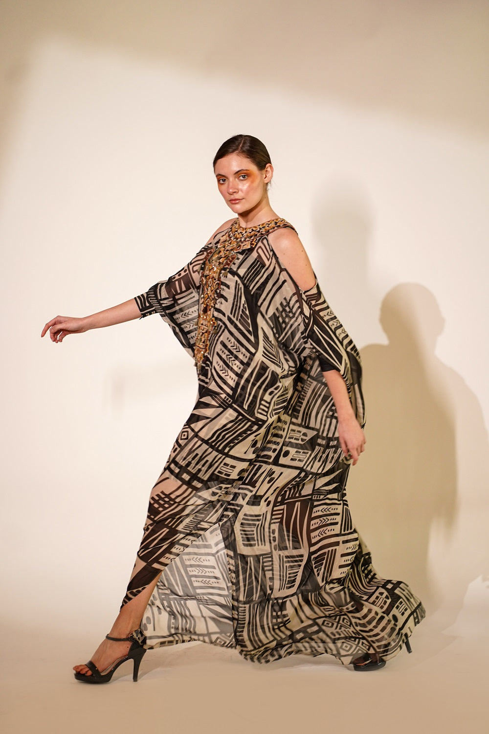 Elegant White Abstract Print Kaftan with Hand Embroidery & Wooden Accents - Perfect for Beach Cover-ups, Summer Vacations & Boho Fashion