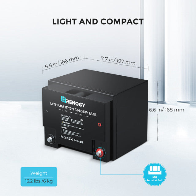 Renogy 24V 25Ah LiFePO4 Deep Cycle Battery for Solar Power, RV, Marine & Off-Grid Energy Storage - Reliable Lithium Iron Phosphate Rechargeable Battery