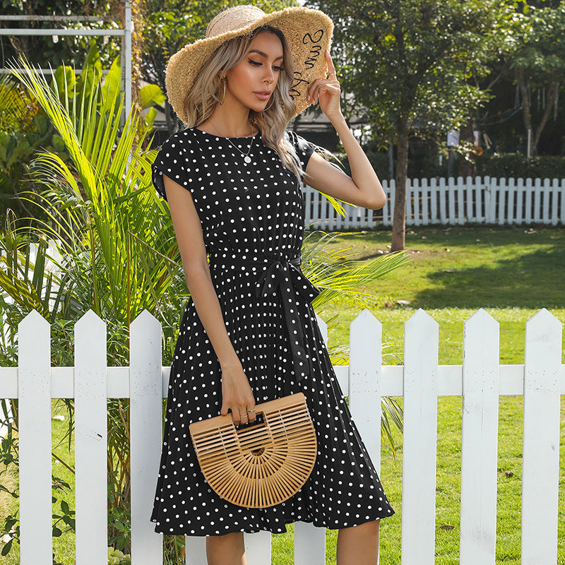 Polka Dot Short Sleeve Midi Dress for Women - Summer Casual Bandage Party Pleated Dress in Elegant Green - Perfect for Office, Cocktail Parties & Summer Outings