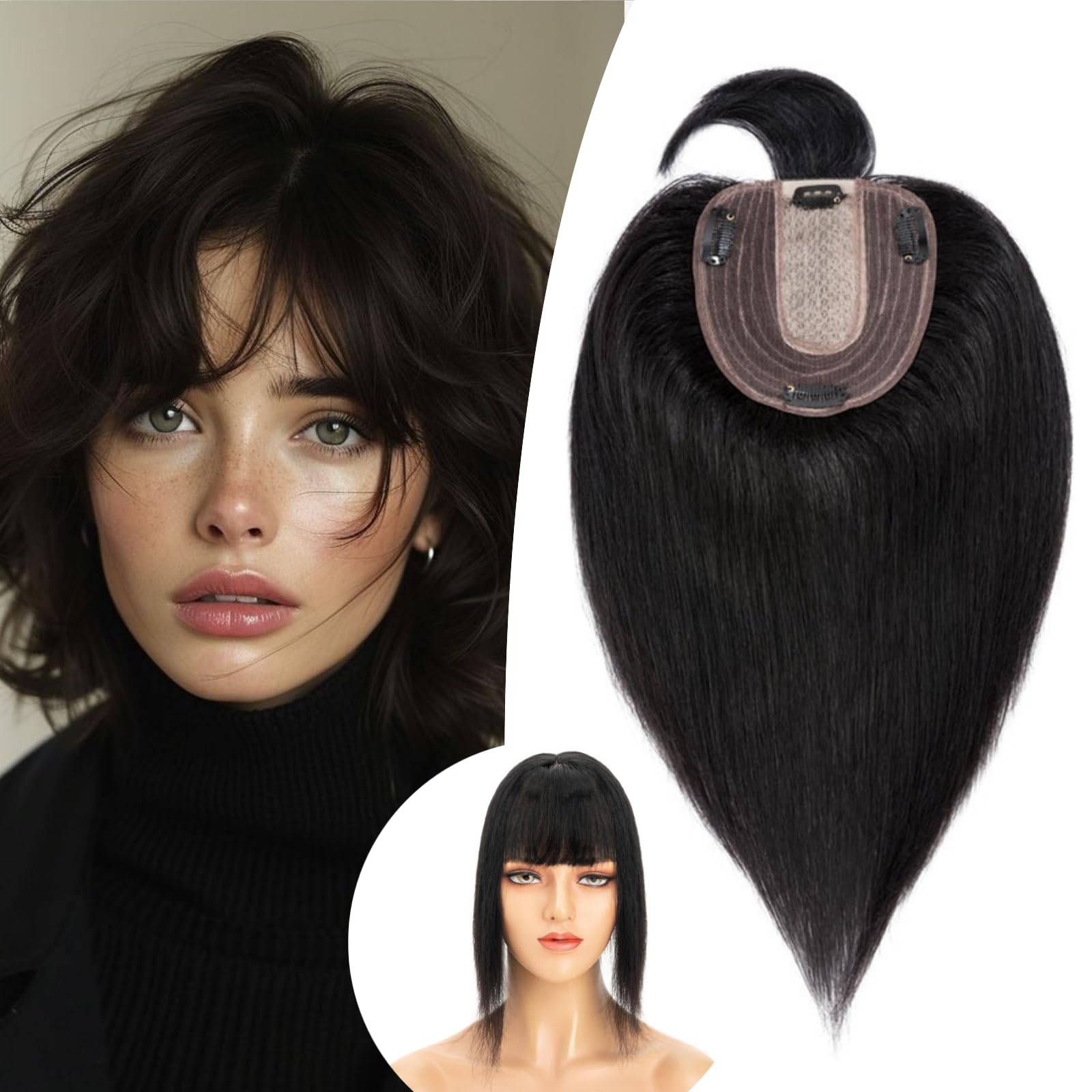 100% Remy Human Hair Toppers for Women with Bangs - Clip-in Silk Base Hair Topper for Thinning Hair (12 Inch, Jet Black) | Natural-Looking Volume & Coverage for Daily Wear, Special Occasions & Hair Loss Solutions