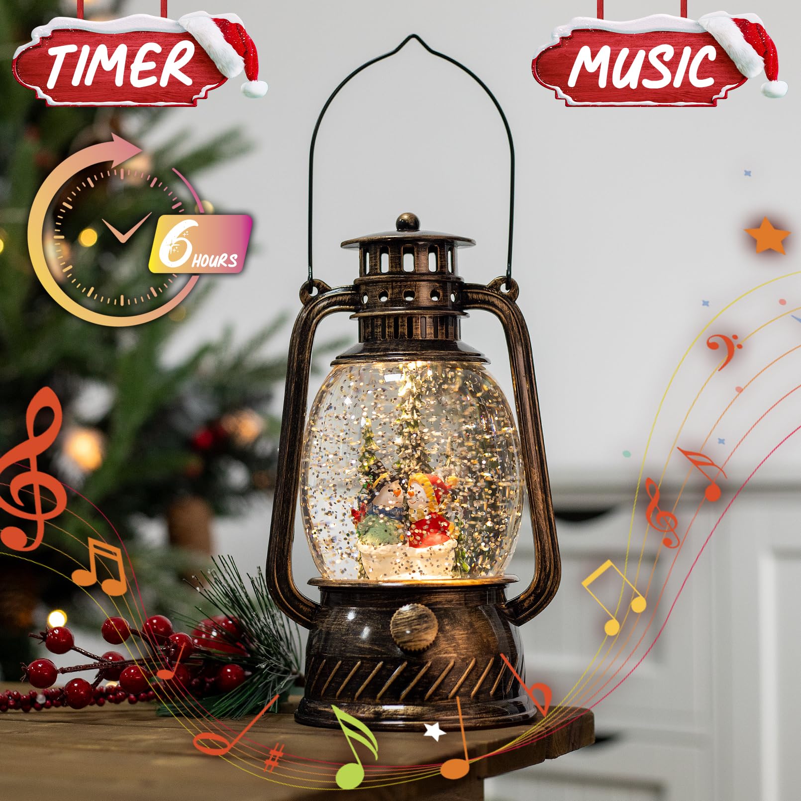 Snowman Musical Snow Globe with 6H Timer & Glittering Lights - USB/Battery Powered Christmas Decor for Home, Office, Xmas Tree (Perfect for Holiday Mantel, Table Centerpiece & Winter Indoor Decorations)