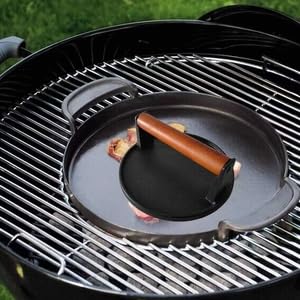 Heavy Duty Cast Iron Grill Press with Wooden Handle - Round Flat Bottom for Burgers, Steaks & Paninis - Perfect for BBQ, Griddle & Stovetop Cooking