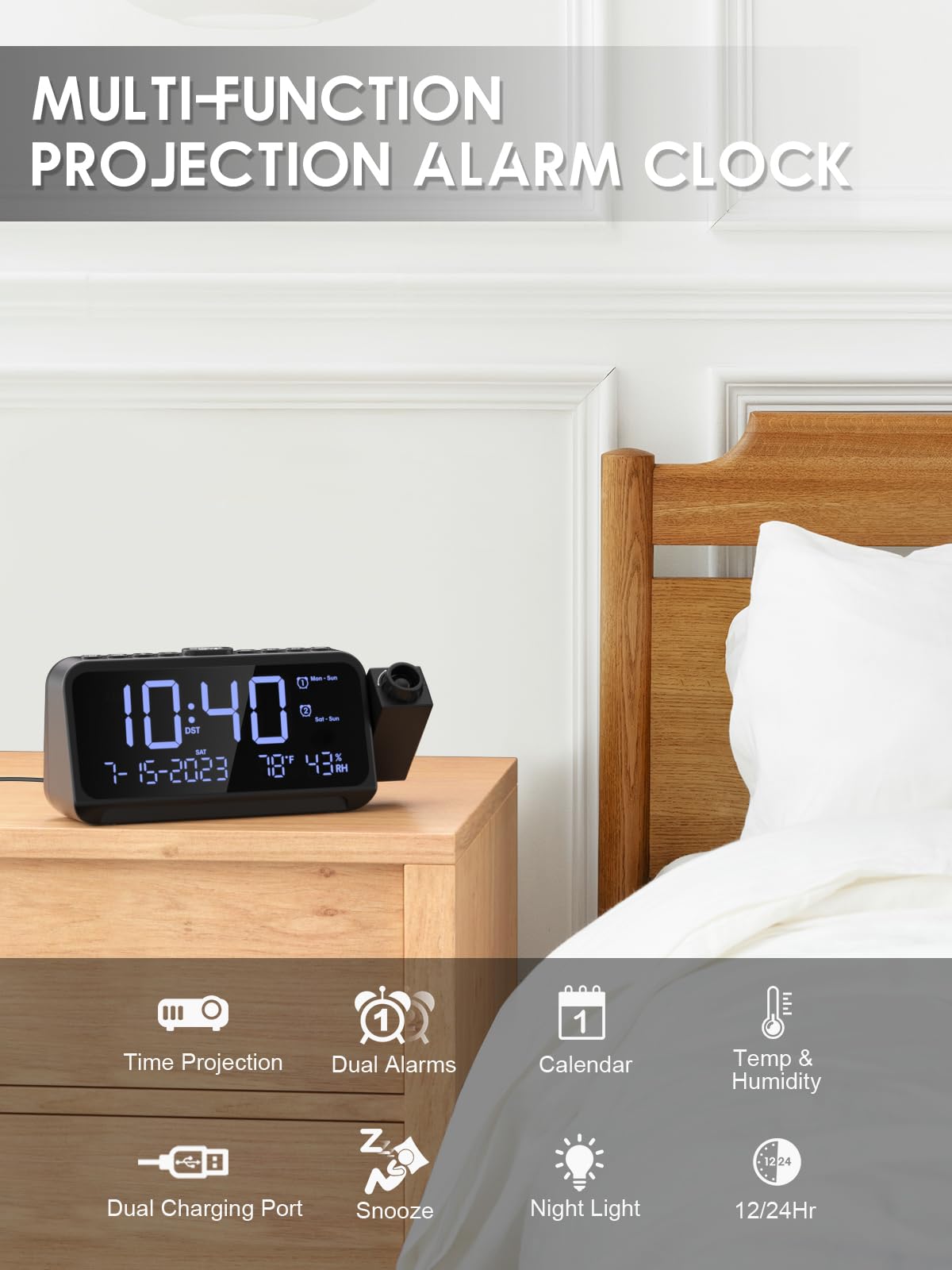 ROCAM Digital Projection Alarm Clock with 180° Ceiling/Wall Display - Dual Alarm, Temperature & Humidity Sensor, 2 USB Ports, Adjustable Brightness for Bedrooms | Perfect for Home, Office, Dorm Room with Weekday/Weekend Mode & Snooze Function