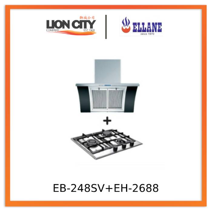 Ellane EH 2688 90cm Stainless Steel Chimney Hood with Arch Glass & EB 248SV 3-Burner Stainless Steel Gas Hob - Modern Kitchen Ventilation System for Home Cooking