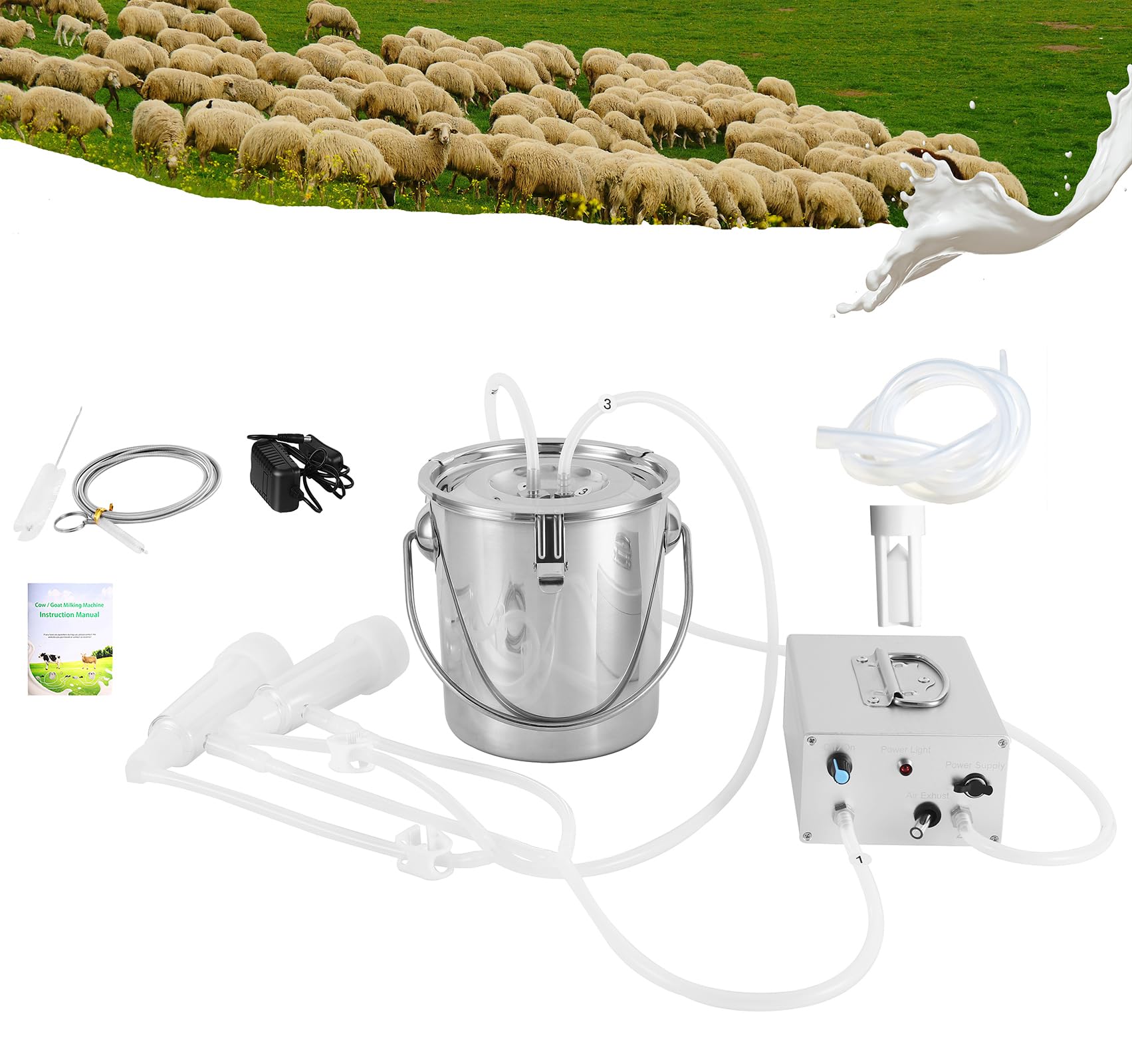 Lyfreen 3L Electric Goat Milking Machine with Auto Stop & Adjustable Speed - Stainless Steel Bucket, Pulsating Pump, Check Valve & Cleaning Brush - Perfect for Small Farms, Homesteads & Dairy Goat Owners