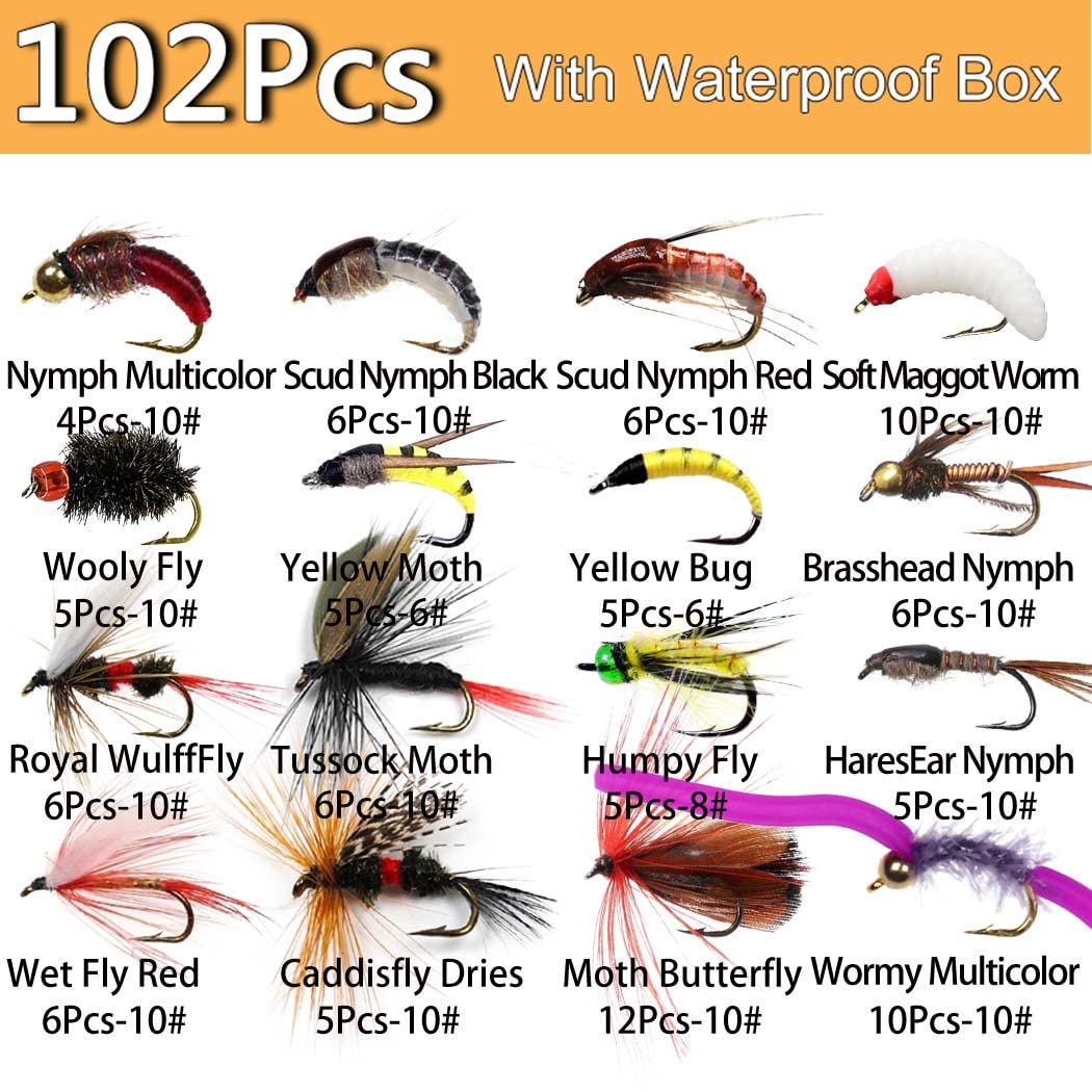 **40/72/102pcs Fly Fishing Flies Assortment Kit - Dry/Wet Bass Flies, Streamers & Nymphs for Trout, Salmon & Bass - Portable Fly Box Included - Perfect for Freshwater & Saltwater Fishing**