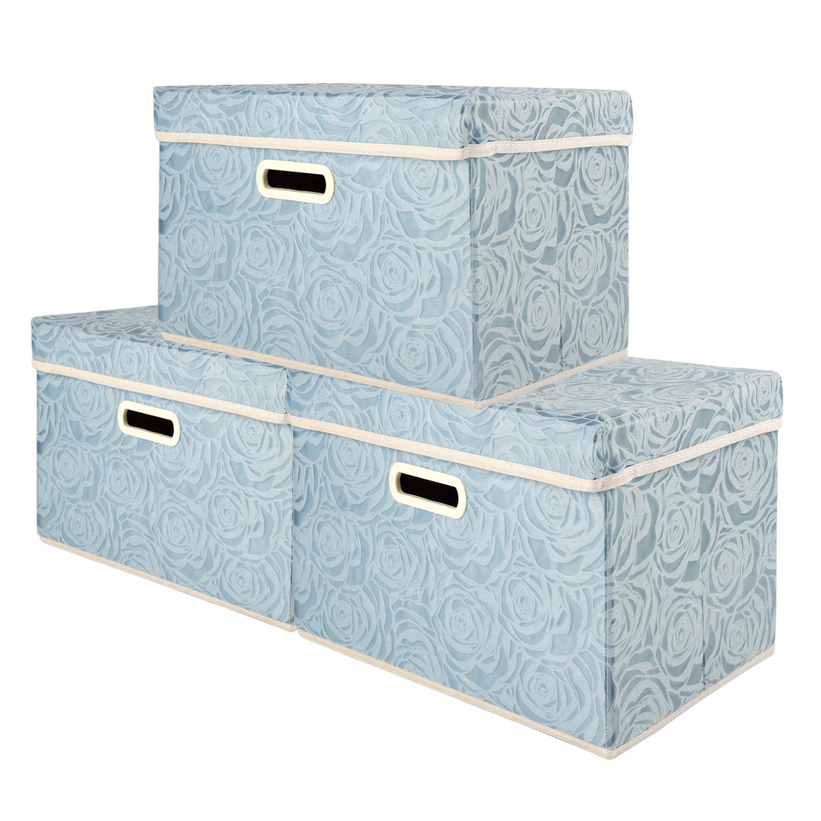 Lucky Monet 3-Pack Rose Pattern Storage Bins with Lids & Handles - Large Foldable Fabric Organizer Cubes, Storage Basket Box Containers (14.9