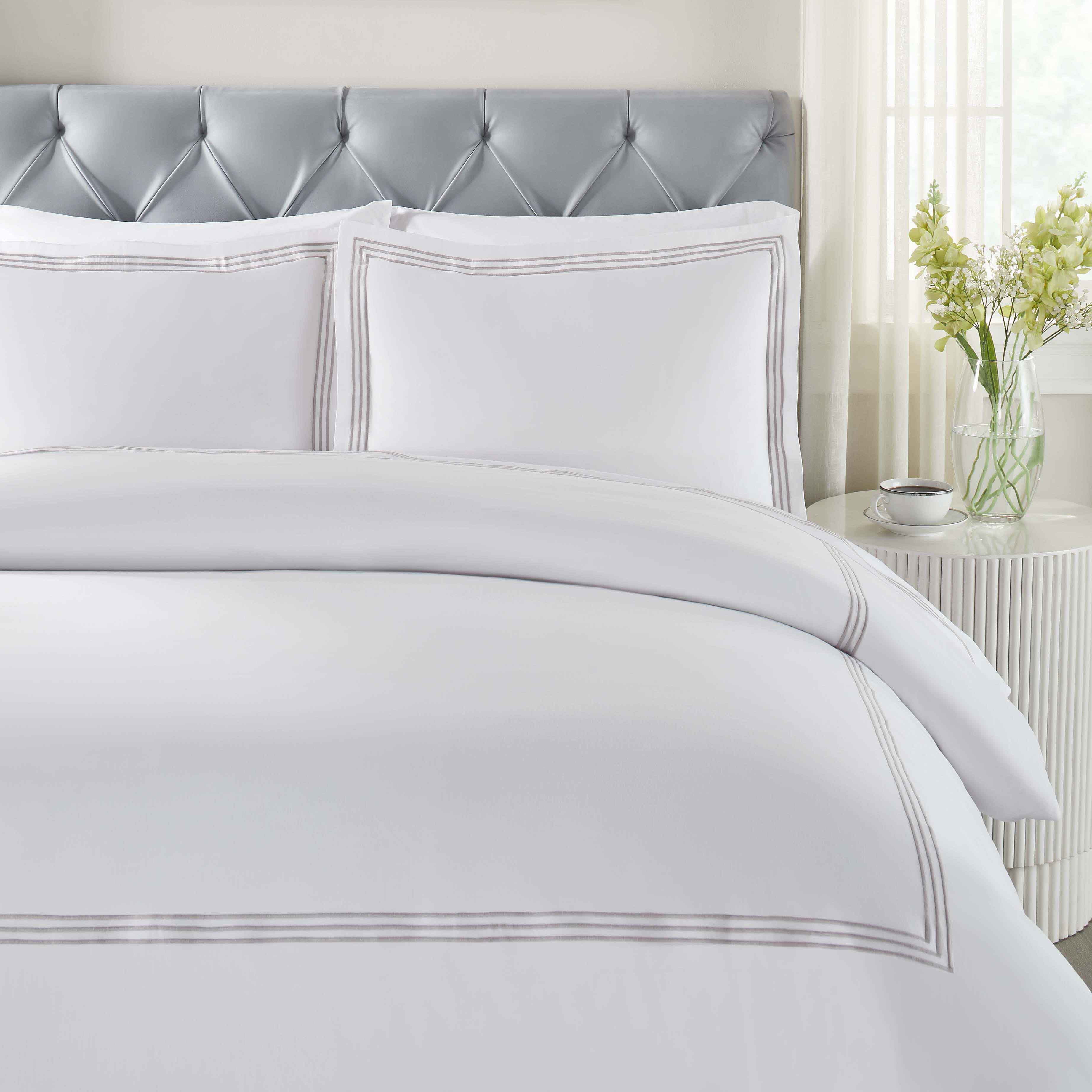 Brandon Cotton 3-Piece Duvet Cover Set with Elegant Three-Line Embroidery - Soft Bedding Set for Master Bedroom, Guest Room & Dorm Decor