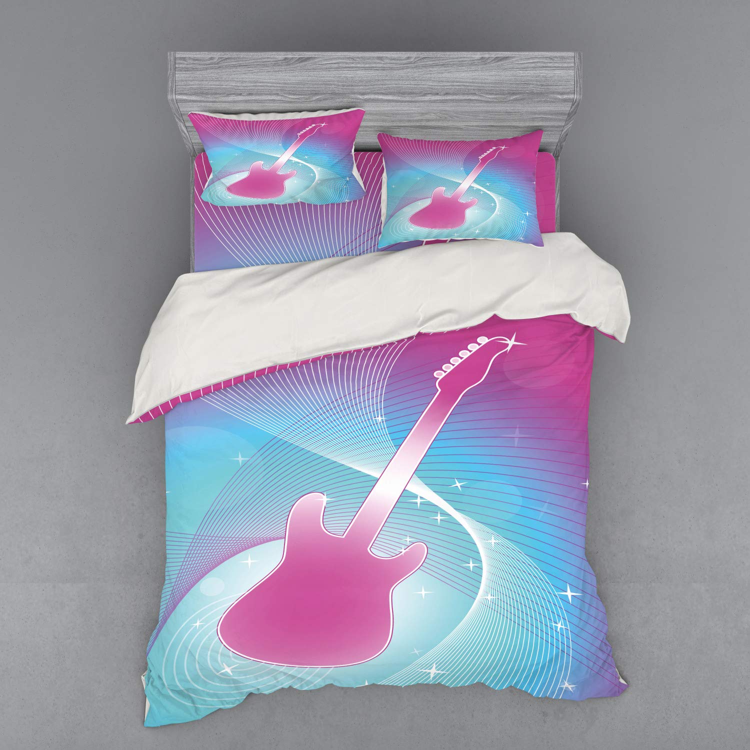 Ambesonne Hot Pink Queen Size 4-Piece Bedding Set - Music Themed Abstract Guitar Print Duvet Cover with Shams & Fitted Sheet, Vibrant Pink & Aqua Colors for Teen & Adult Bedrooms