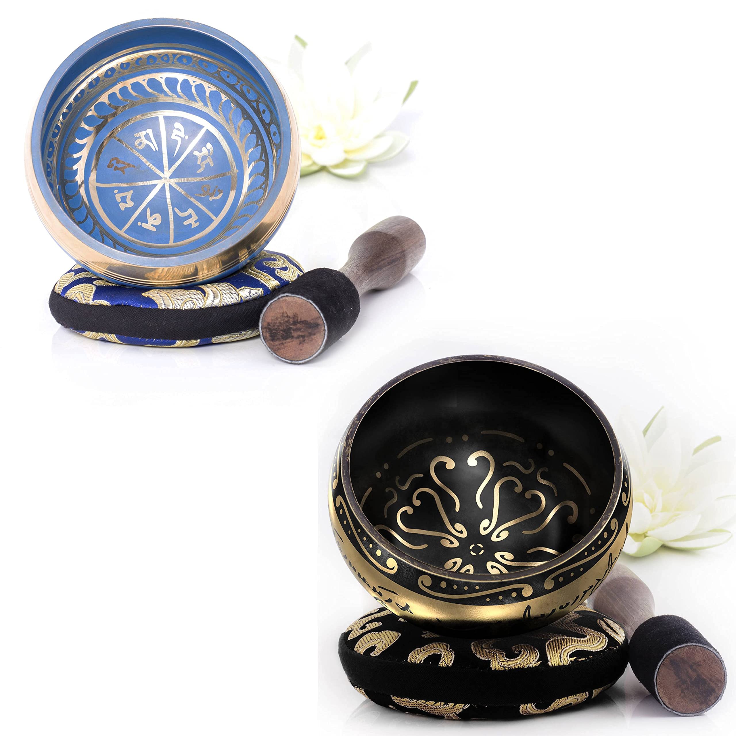 Blue and Black Ceramic Bowls with Matching Pillows - Gratitude & Love Pattern Home Decor for Dining, Kitchen, or Gift Giving