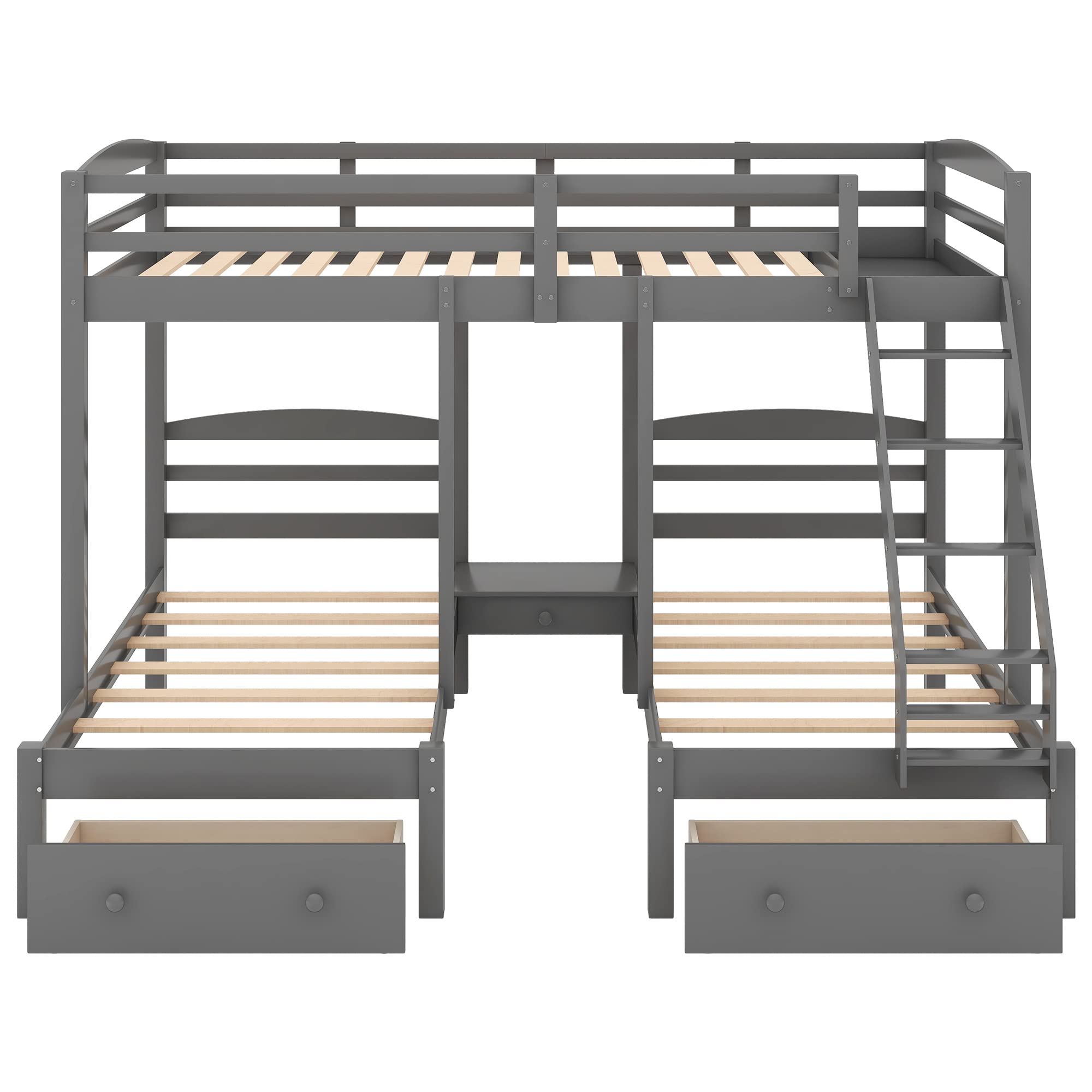 P PURLOVE Full Over Twin and Twin Wood Triple Bunk Bed Frame with Storage Drawers, No Box Spring Needed - Space-Saving Kids Bedroom Furniture for Shared Rooms & Sleepovers (Gray)