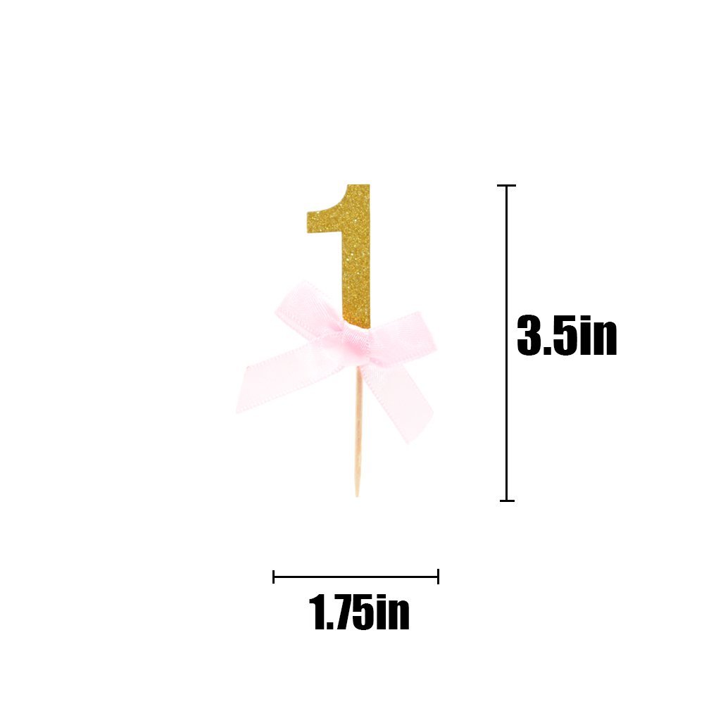 1st Birthday Cupcake Toppers - 20PCS Gold Glitter Cake Decorations with Pink Ribbon Bows for Baby Showers, Kids' Parties & DIY Home Theme Celebrations | Perfect for Cupcakes, Fruit Cakes & Dessert Displays