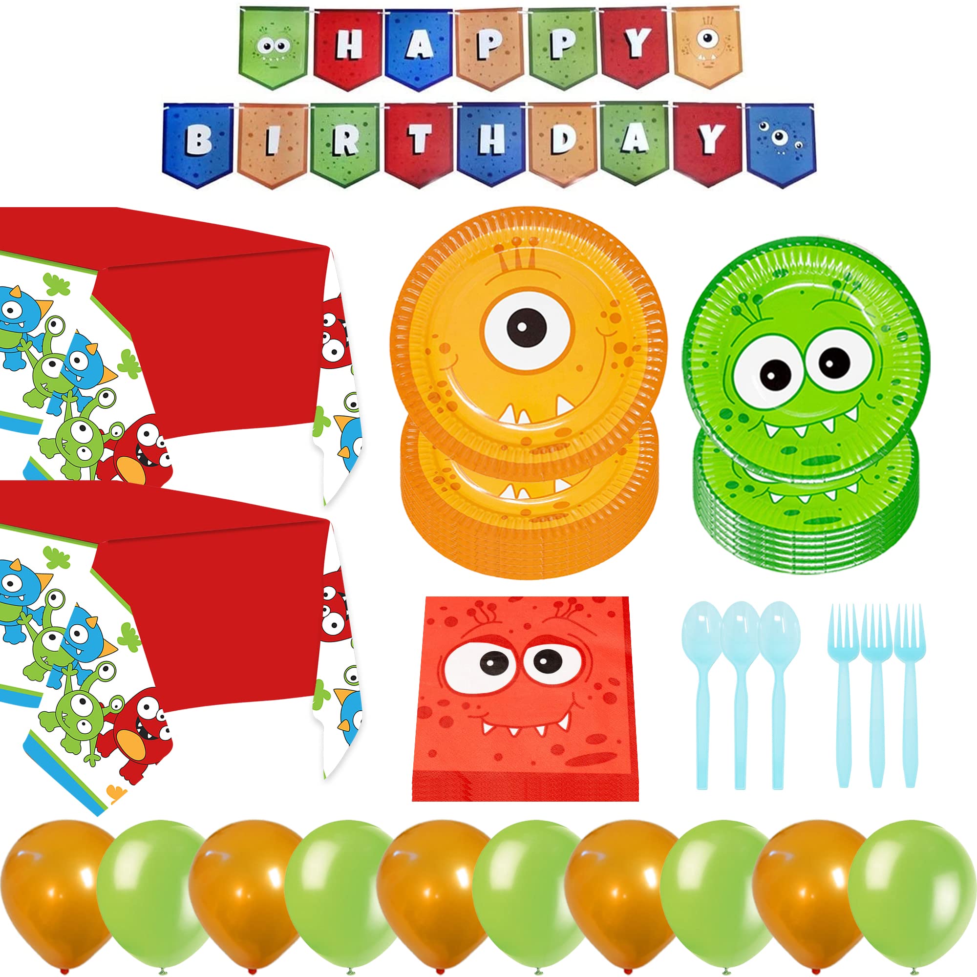 Monster Deluxe Party Supplies Kit (123 Pieces for 16 Guests) - Complete Monster Birthday Party Decorations Set with Plates, Napkins & Tableware - Perfect for Monster Themed Parties, 1st Birthdays & Halloween Celebrations