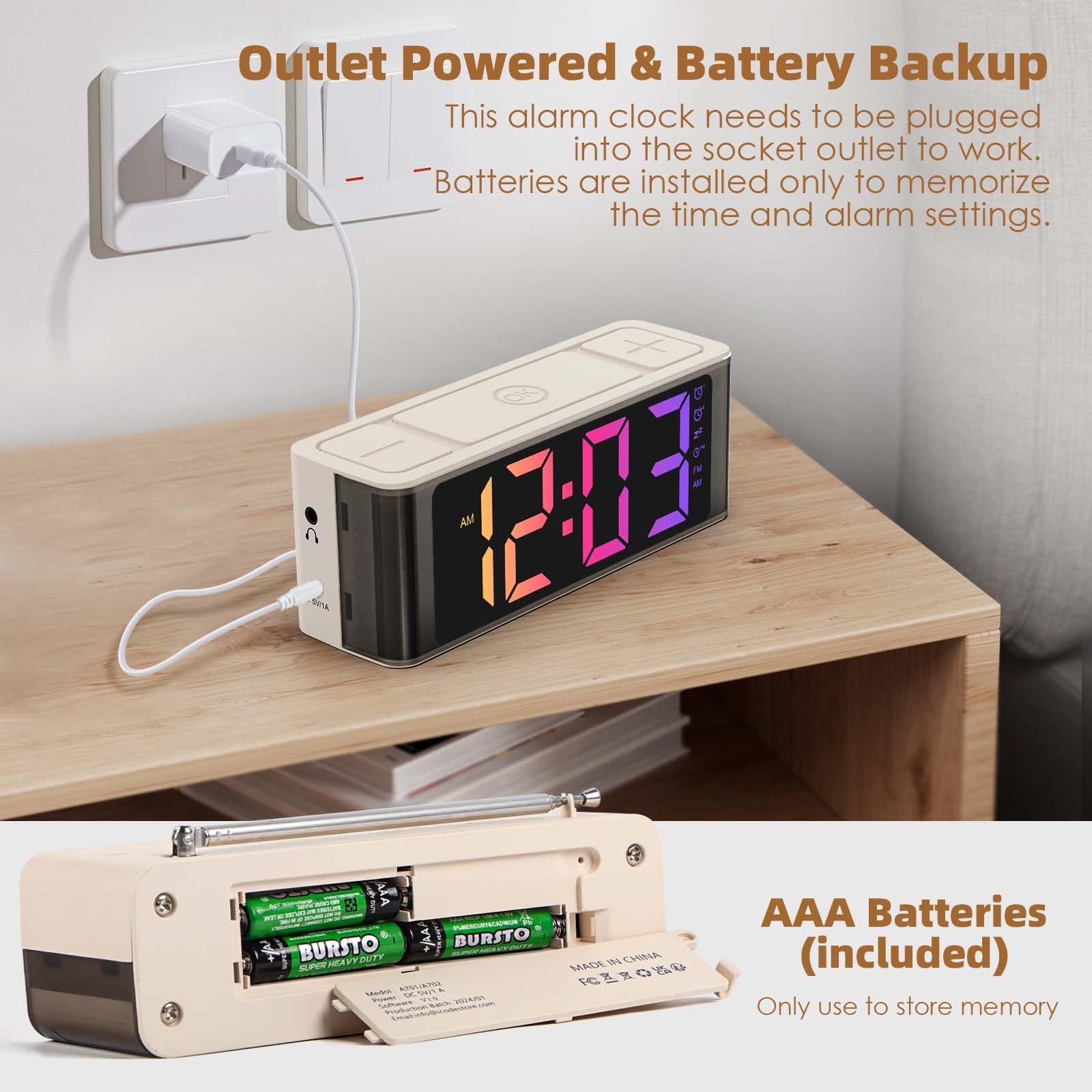 I·CODE Digital AM/FM Radio Alarm Clock with Auto-On Timer, Dual Alarm, Snooze Function & Loud Speaker - Large RGB Backlit Display with Big Buttons, AC Outlet Powered - Perfect for Bedroom, Office, Dorm Room & Travel Use