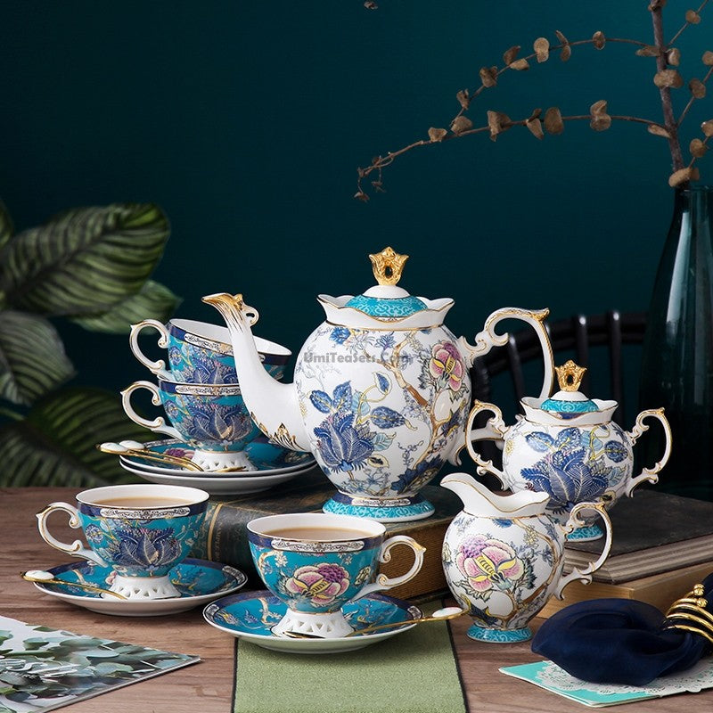 Elegant Blue Floral Bone China Tea Set - 12-Piece Porcelain Tea Cups & Saucers for Afternoon Tea, Bridal Shower, and Home Decor