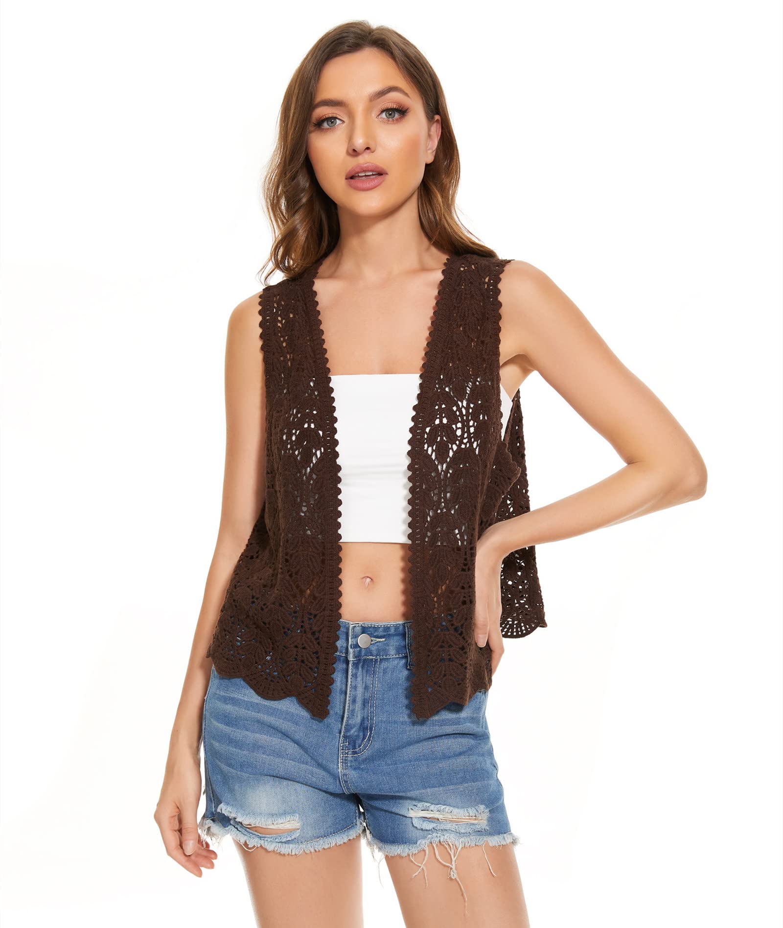 Women's Floral Crochet Lace Trim Sleeveless Open Front Vest Cardigan - Lightweight Summer Cover Up for Beach, Wedding & Casual Outfits