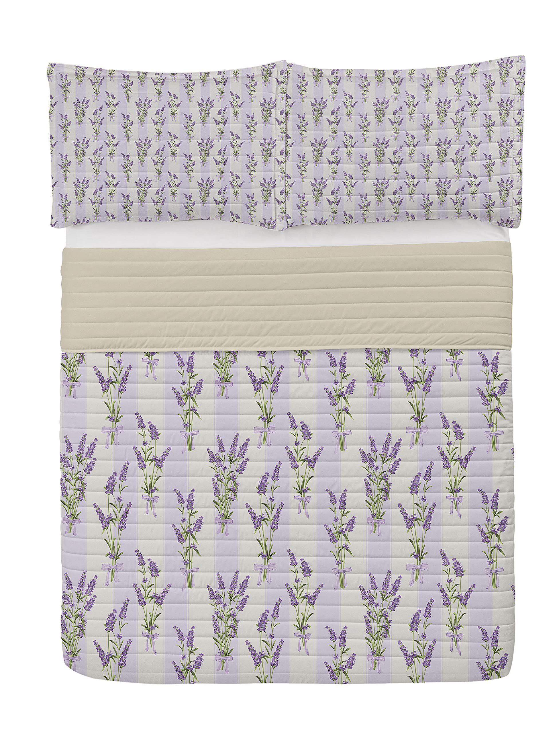 Ambesonne Queen Size Lavender Microfiber Bedspread Set - Striped Floral Ribbon Country Design with Pillow Shams & Comforter | Soft Romantic Bedding for Spring Season | Perfect for Master Bedroom, Guest Room, and Farmhouse Decor (Purple)
