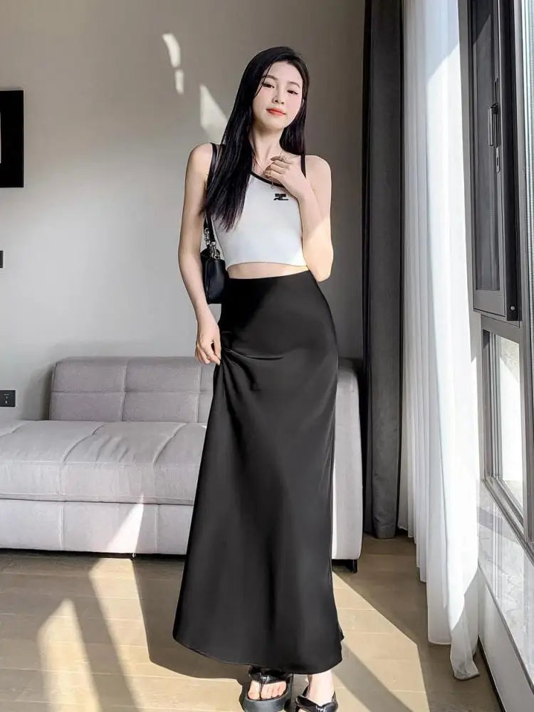 Beige & Black High Waist Mermaid Wrap Skirt for Women - Elegant Long Vacation Skirt, Sexy Summer Streetwear Fashion (Perfect for Beach Outings, Date Nights & Spring Travel)