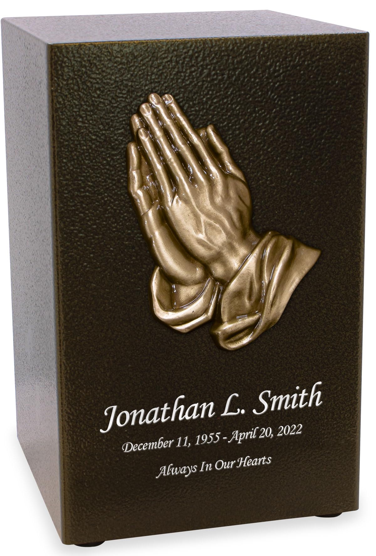 Antique Bronze Steel Cremation Urn with Praying Hands Design - 200 Cubic Inch Adult Funeral Urn for Ashes - Personalized Memorial Urn for Home Display or Cemetery Placement