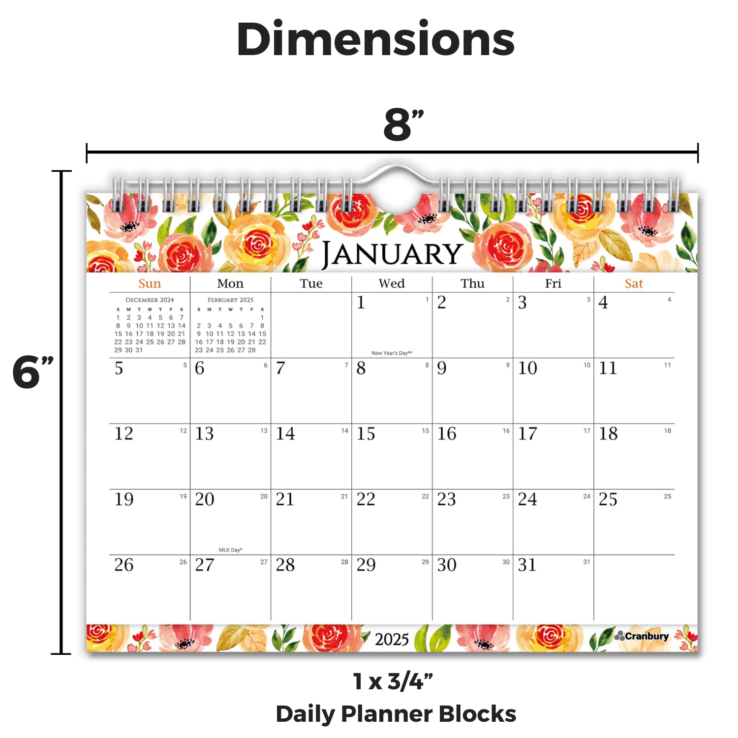 2025 Floral Wall Calendar 8x6 Inch - Mini Monthly Hanging Planner with Beautiful Flower Designs, Includes Stickers - Perfect for Home Office, Kitchen Fridge, Bulletin Board & Desktop Organization