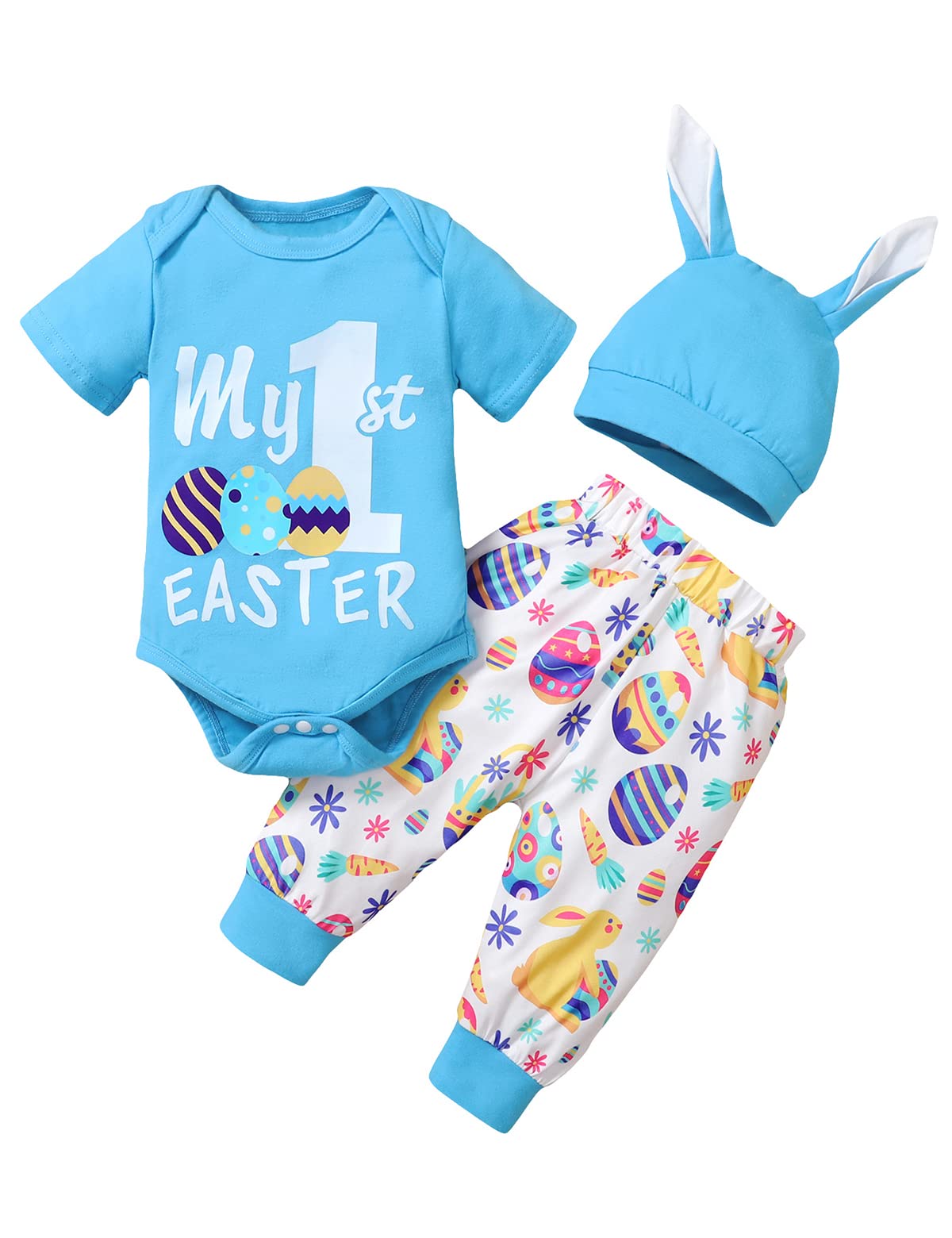 Truly One Baby Boy's First Easter Outfit - Adorable Easter Egg Printed Romper & Hat Set for Newborns & Infants - Perfect for Easter Sunday, Family Photos & Spring Celebrations