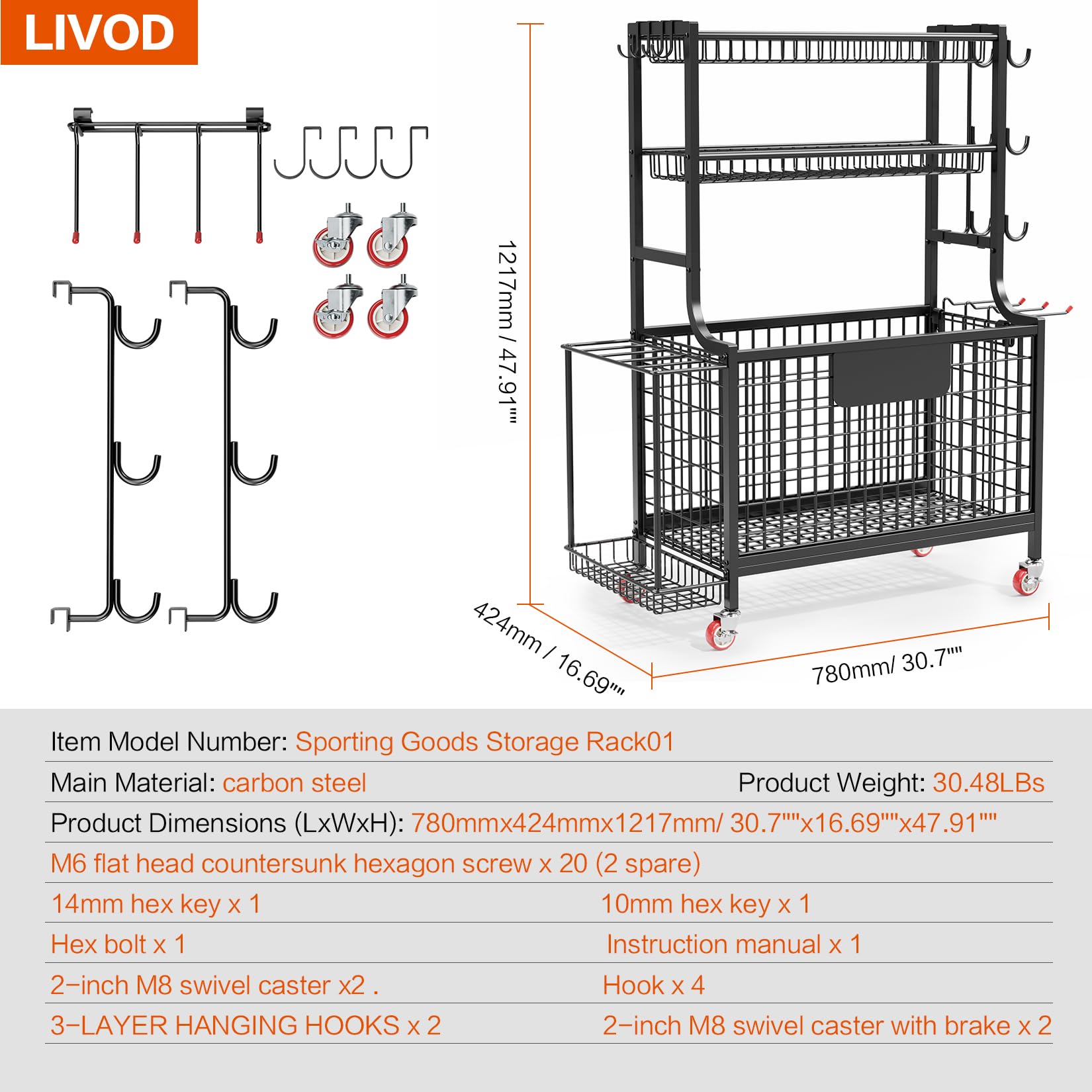 Heavy Duty Garage Storage Rack for Sports Equipment - Rolling Ball Organizer with Wheels, Hooks & Baskets - Golf Bag Stand, Basketball & Football Holder - Perfect for Indoor/Outdoor Use in Garages, Basements & Playrooms