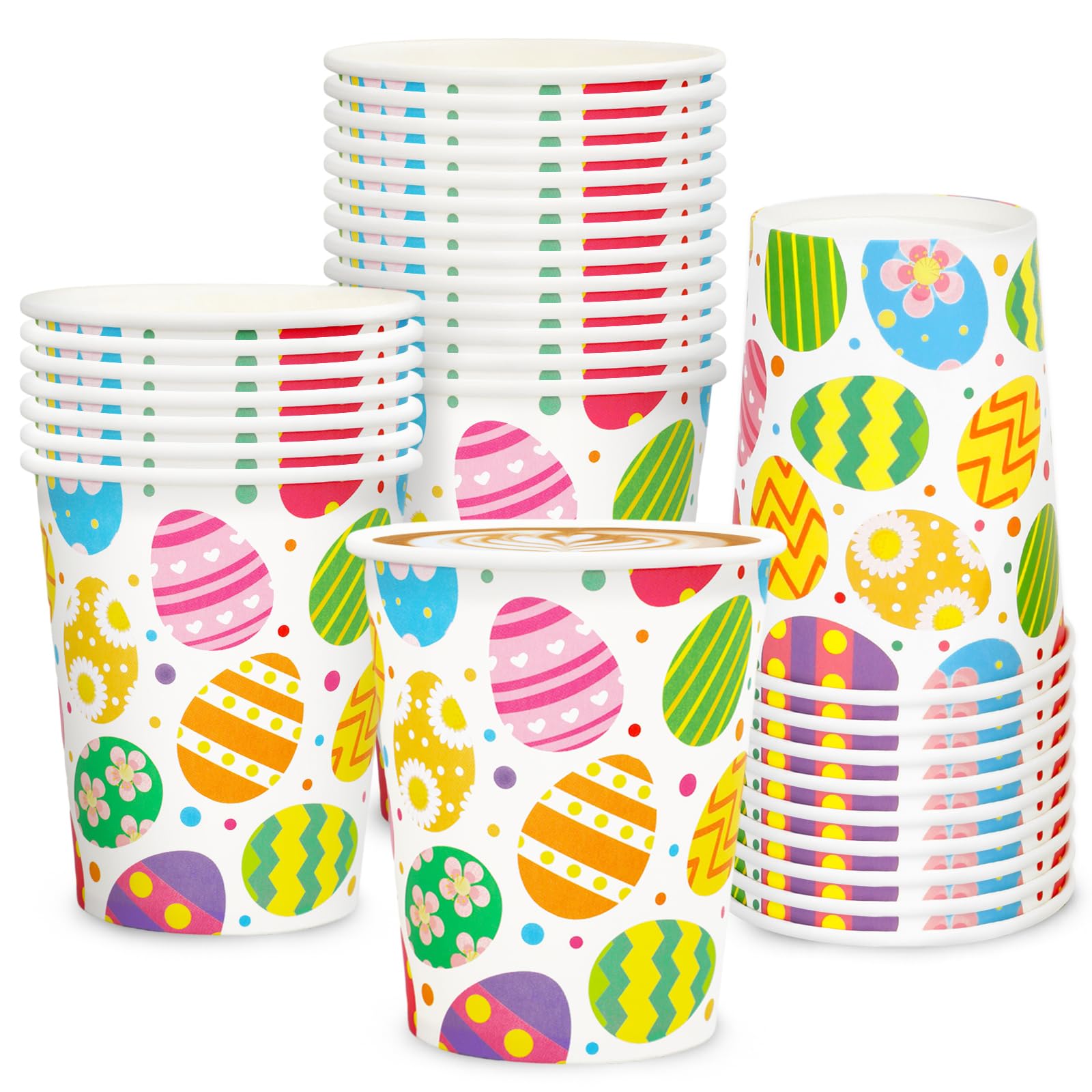 30Pcs Colorful Easter Paper Cups with Egg Design - 9oz Disposable Party Cups for Juice, Coffee, Hot & Cold Drinks - Perfect for Spring Celebrations, Home Parties, and Seasonal Gatherings