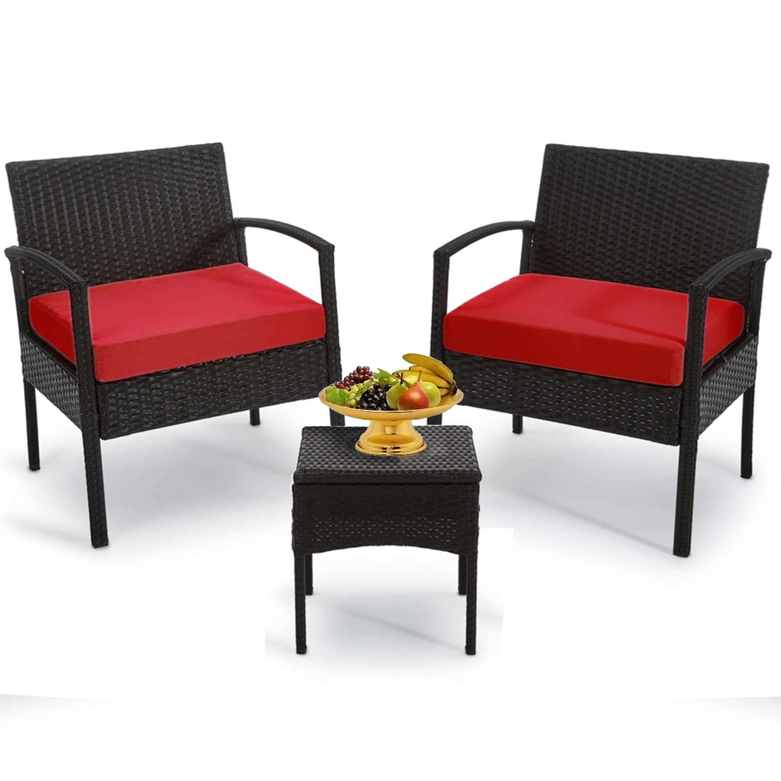 3-Piece Outdoor Patio Furniture Set - Wicker Bistro Chairs with Table & Cushions for Balcony, Backyard, Porch - Perfect for Relaxing, Entertaining & Outdoor Dining (Red)