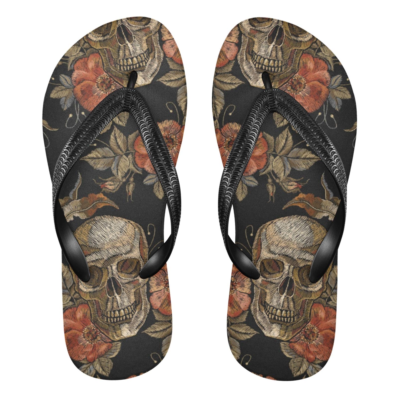CHSIN Gothic Skull Flower Flip Flops for Men & Women - Non-Slip Unisex Beach Sandals, Halloween Party Slippers & Summer Thong Shoes - Perfect for Beach, Pool, and Casual Wear