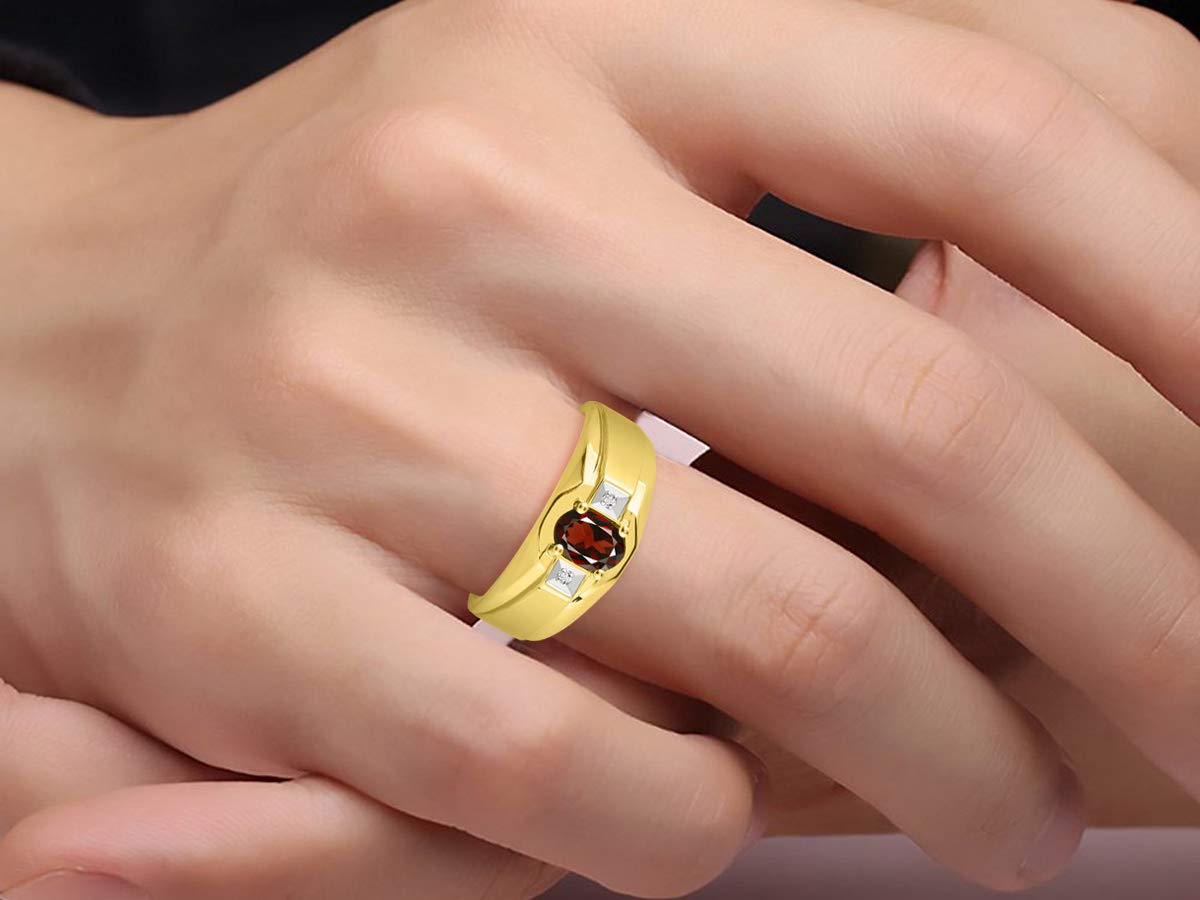 Rylos Men's Classic 7X5MM Oval Gemstone & Diamond Ring - Yellow Gold Plated Silver Birthstone Rings for Men (Sizes 8-13) | Perfect for Weddings, Anniversaries & Gifts