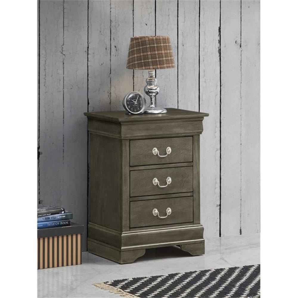 Glory Furniture Louis Phillipe 3-Drawer Nightstand in Gray - Modern Bedside Table for Bedroom, Guest Room & Nursery