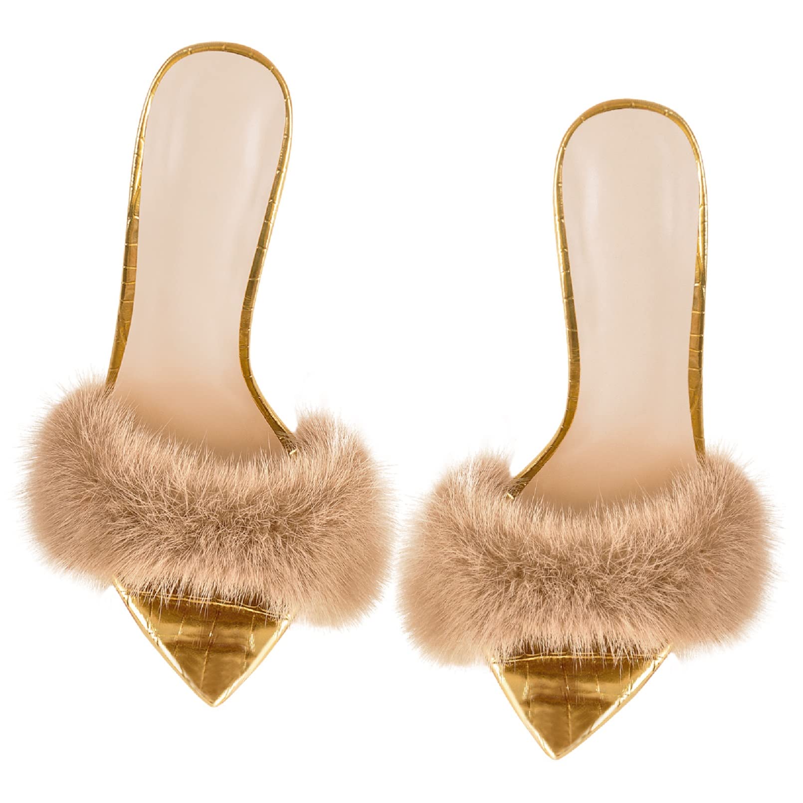 Richealnana Women's Fuzzy Fur Mules Slip-On High Heel Sandals - Comfortable House Slippers & Fashionable Lounge Shoes for Women
