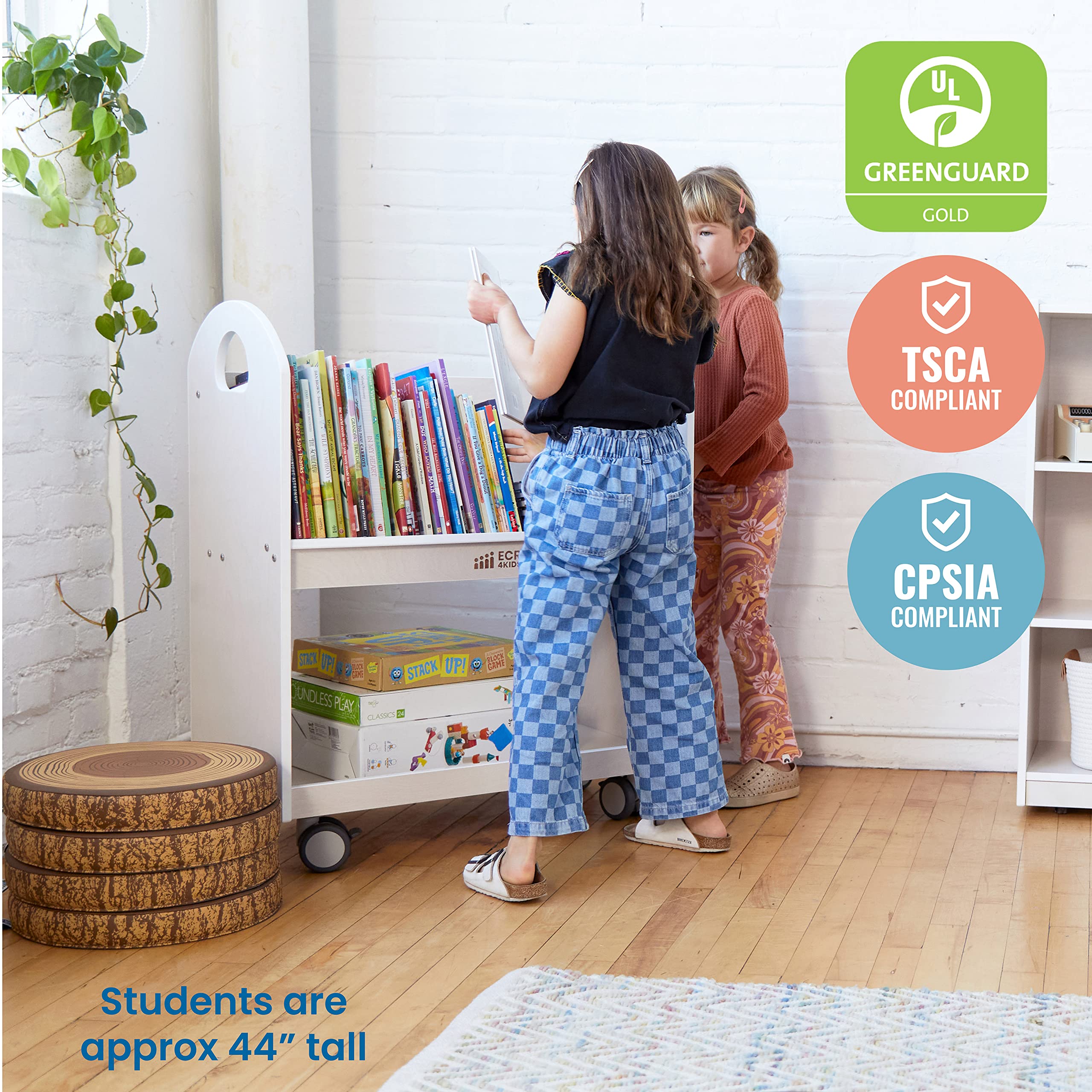 ECR4Kids Mobile Book Cart with Countdown Timer - Rolling Classroom Bookshelf Organizer for Teachers - White Wash Finish - Perfect for School Libraries, Preschools & Homeschooling