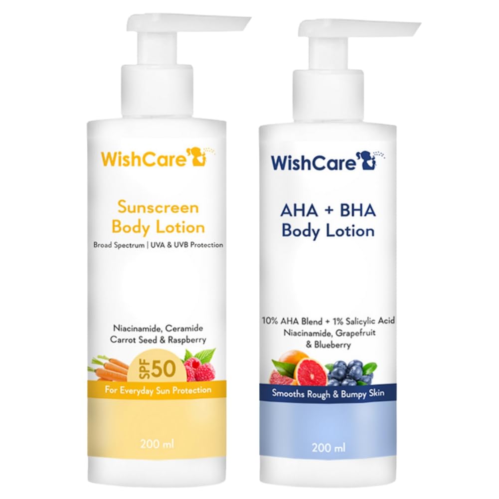 WishCare De-Tan Body Lotion Combo with AHA BHA & SPF50 Sunscreen - 200ml Each | Brightening & Sun Protection for Face & Body | Perfect for Daily Skincare & Outdoor Activities