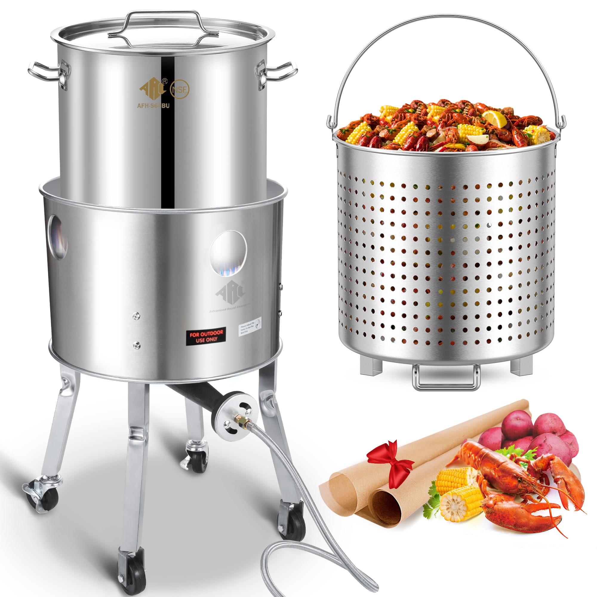 **ARC 64QT Stainless Steel Seafood Boiling Kit – 200,000 BTU Propane Burner with Crawfish Pot, Strainer, Wheeled Legs & 360° Windscreen – Outdoor Cooking, Steaming & Turkey Frying for Backyard, Camping & Parties**