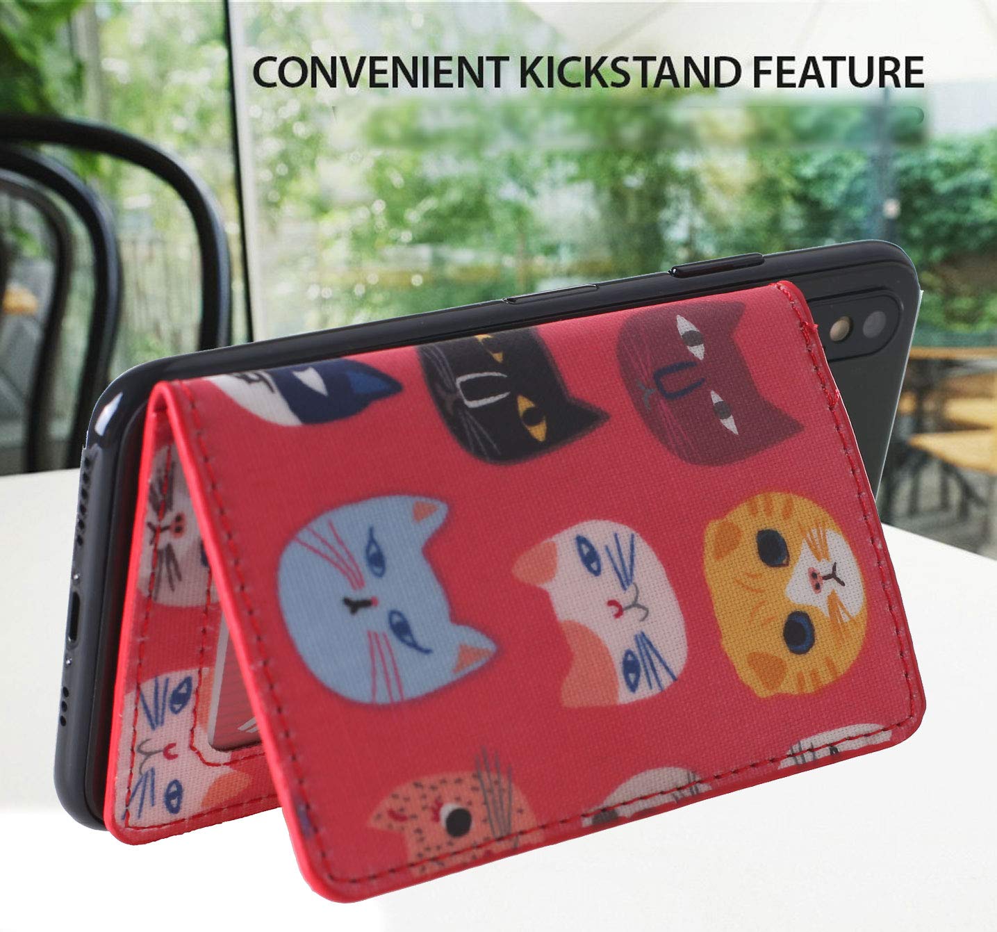 Premium Leather Phone Wallet with ID Card Holder & Stand - Waterproof Adhesive Sticker for iPhone, Samsung & Most Smartphones (Red Cat Design) - Perfect for Work, Travel & Everyday Use
