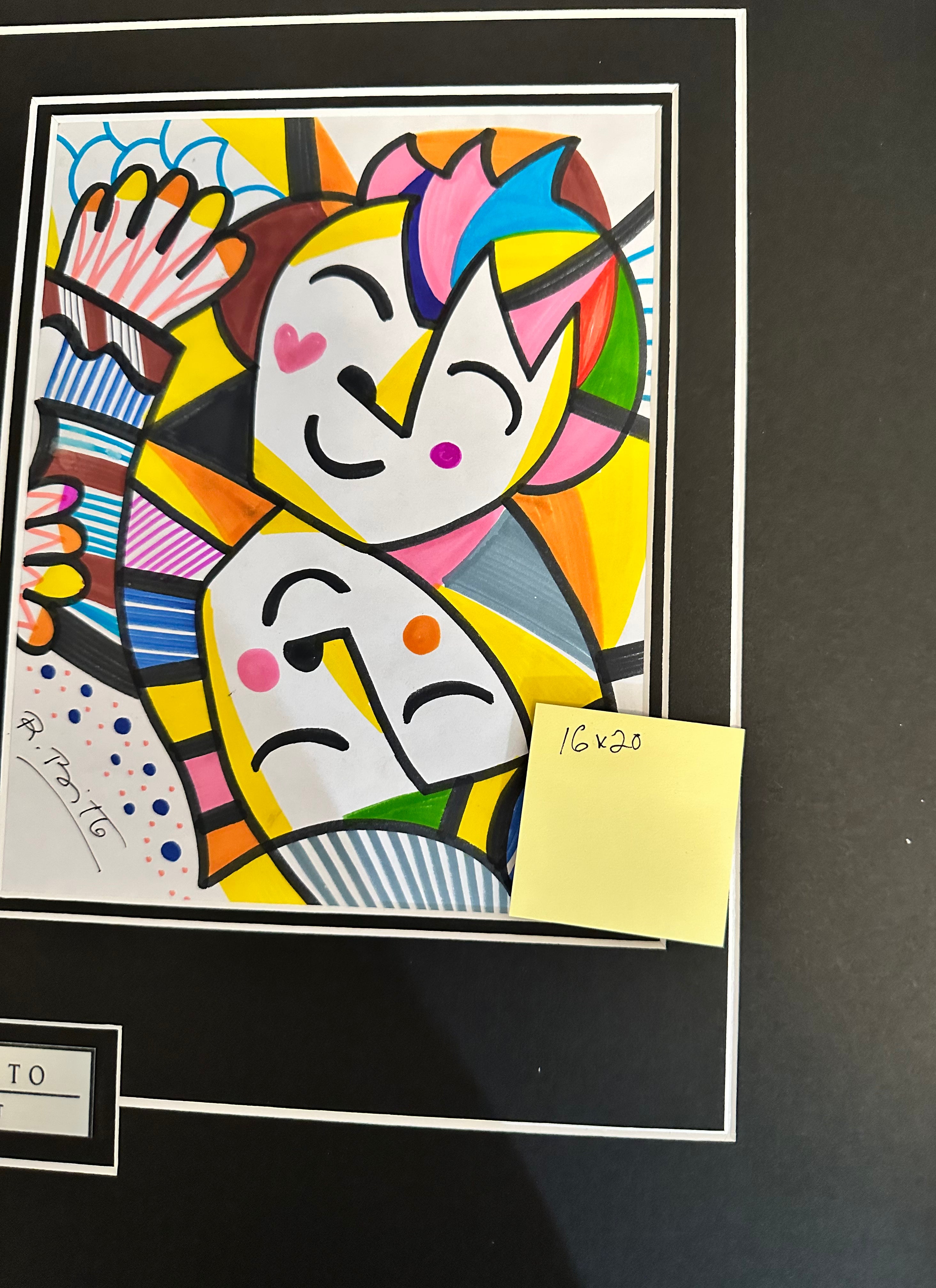 Romero Britto Signed Original Matted Sketches - 2-Piece Set with COA - Perfect for Art Collectors, Home Decor & Gift Giving