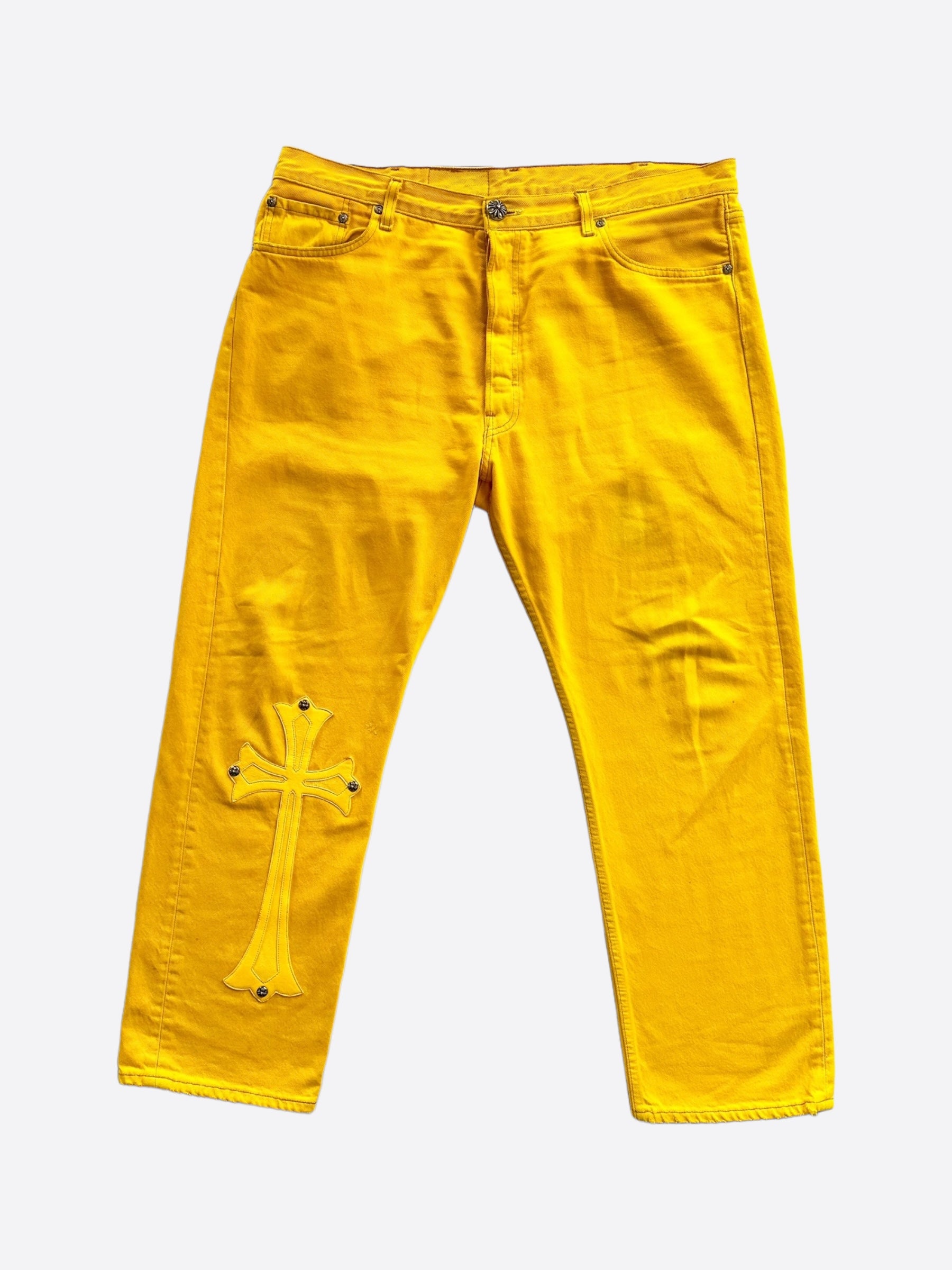 Chrome Hearts Yellow Large Cross Patch Distressed Denim Jeans for Men - Edgy Streetwear & Punk Fashion Outfits